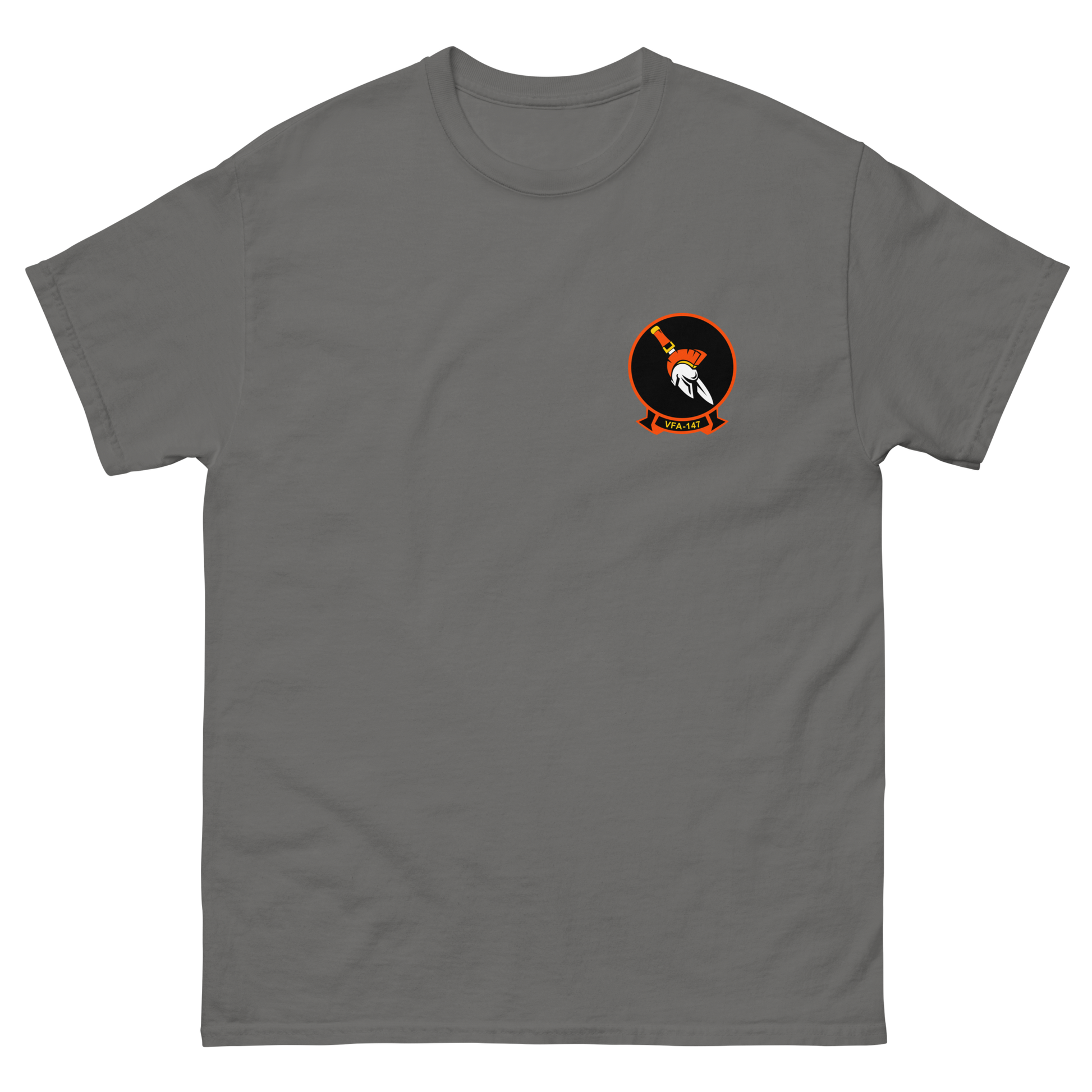 VFA-147 Argonauts Squadron Crest T-Shirt – front view, charcoal