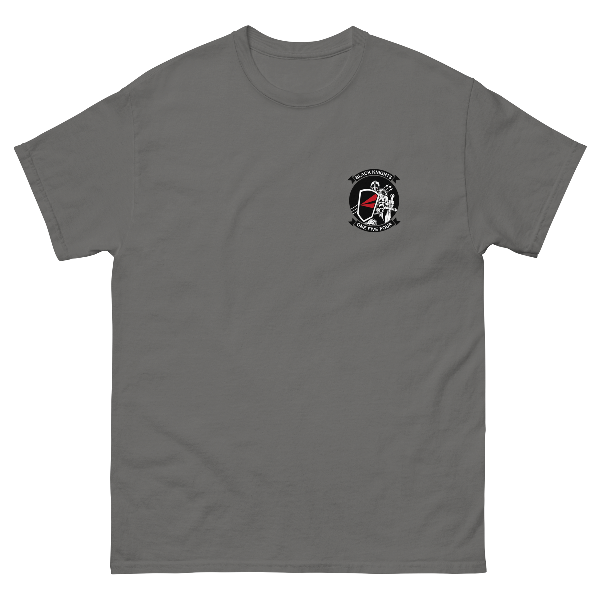 VF-154 Black Knights Squadron Crest T-Shirt – front view, charcoal