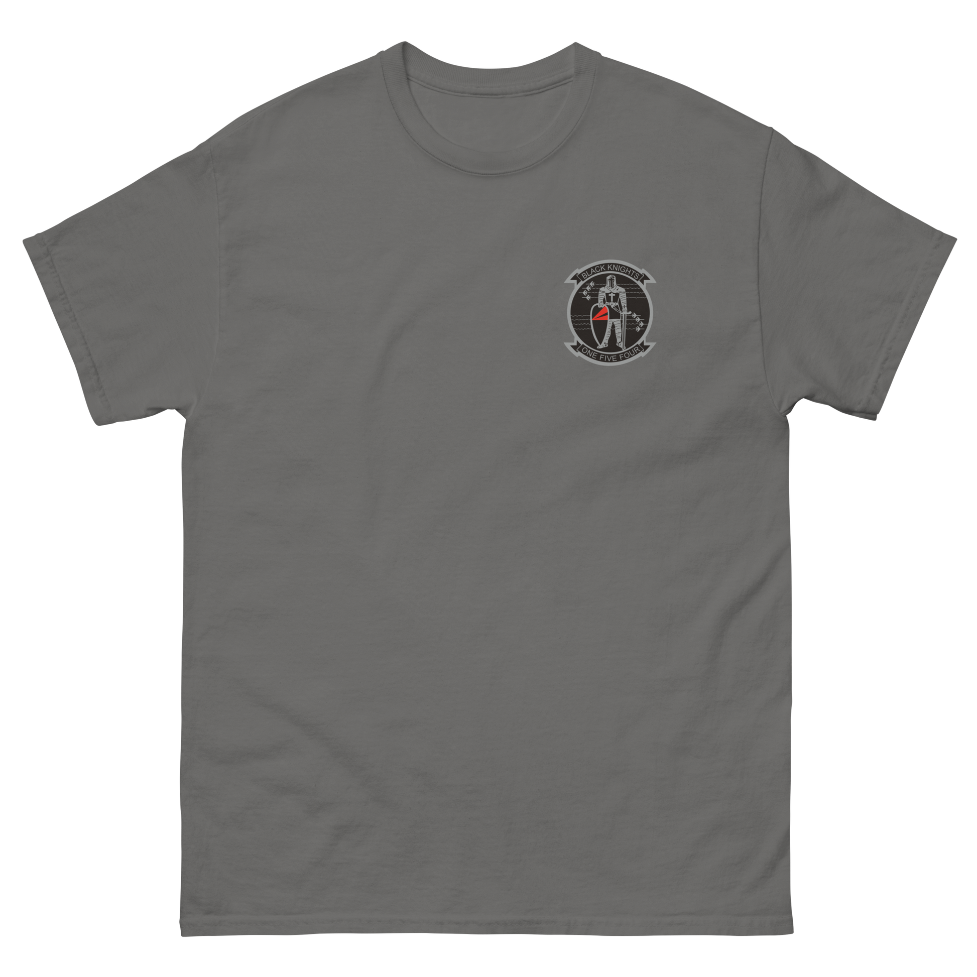 VFA-154 Black Knights Squadron Crest T-Shirt – front view, charcoal