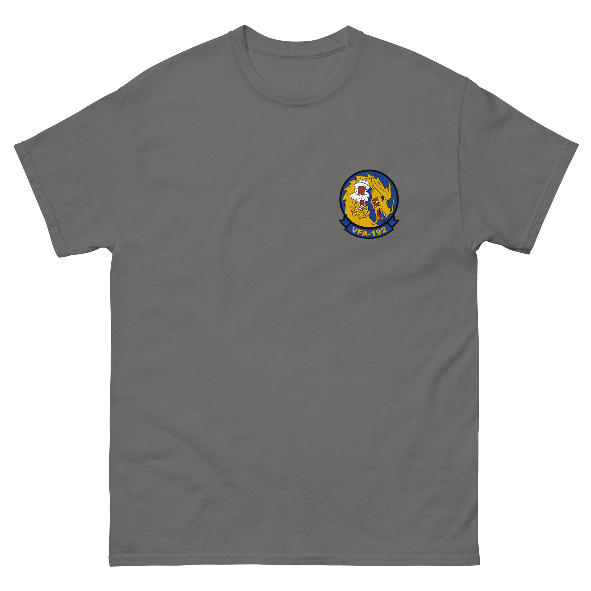 VFA-192 World Famous Golden Dragons Squadron Crest T-Shirt – front view, charcoal