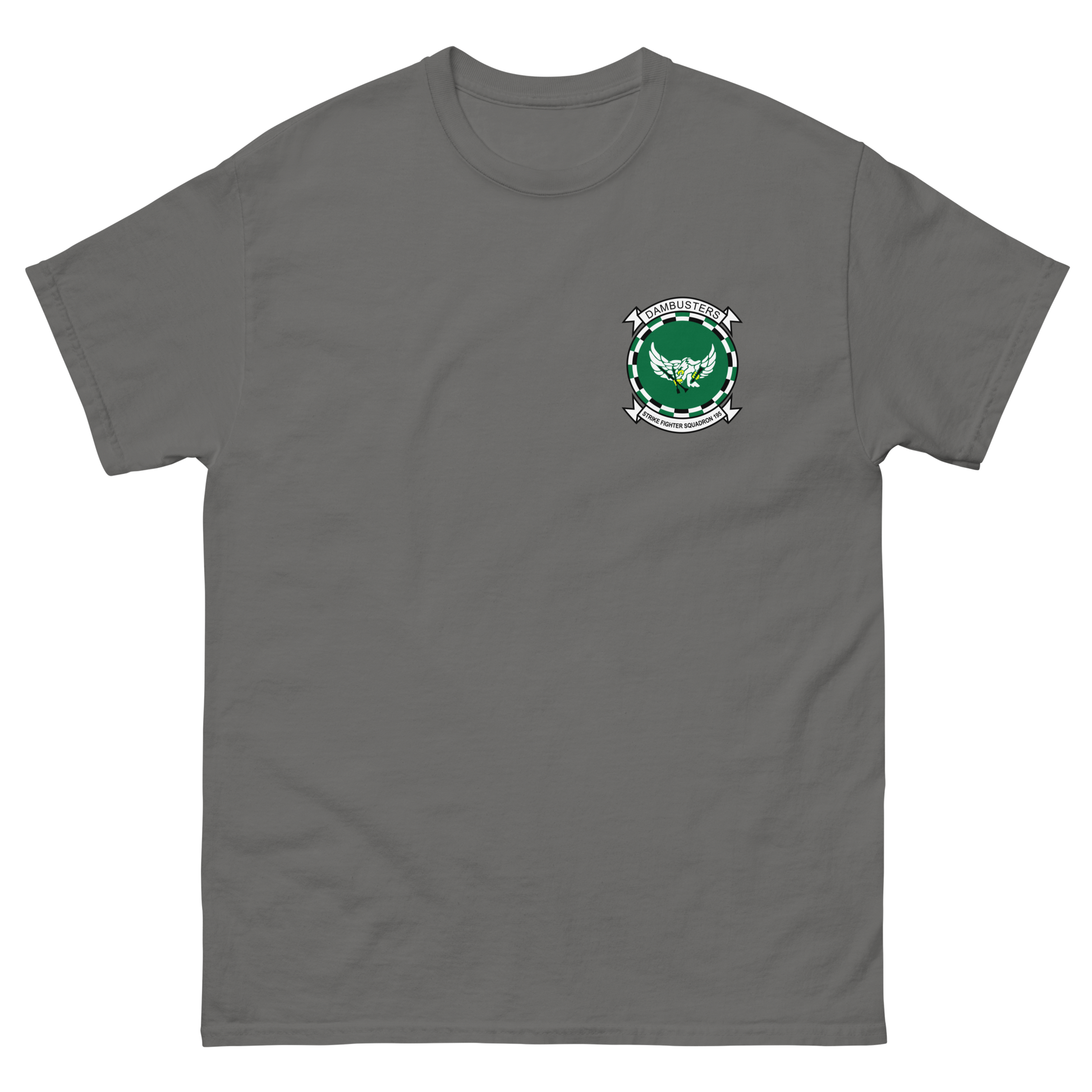 VFA-195 Dambusters Squadron Crest T-Shirt – front view, charcoal