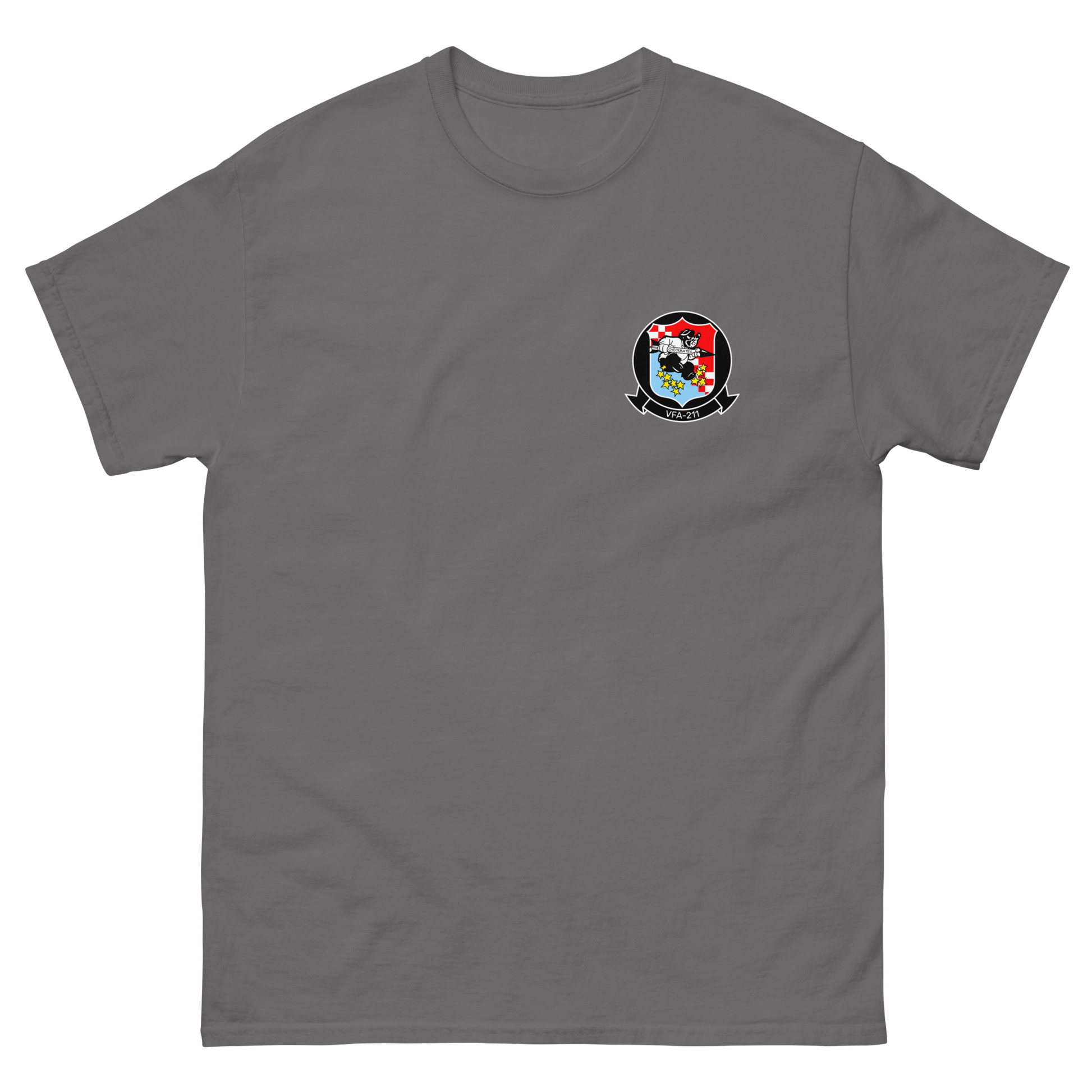 VFA-211 Checkmates Squadron Crest T-Shirt – front view, charcoal