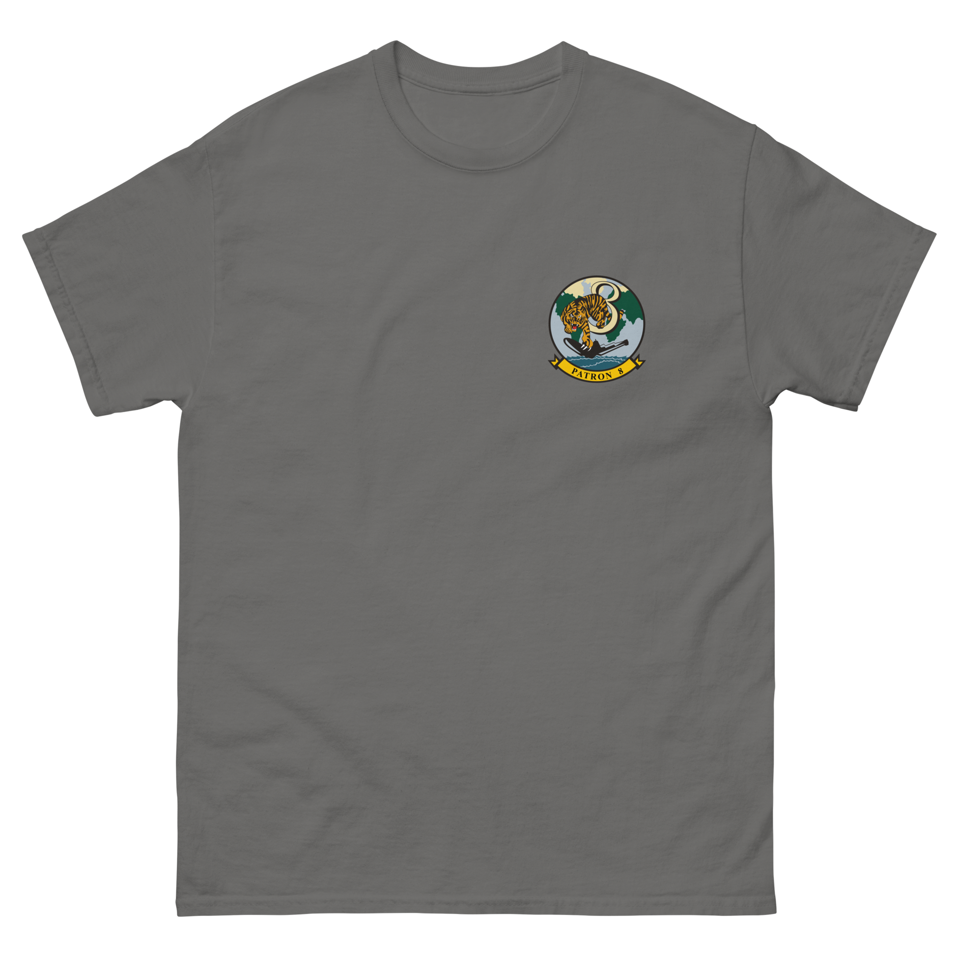 VP-8 Fighting Tigers Squadron Crest T-Shirt – front view, charcoal