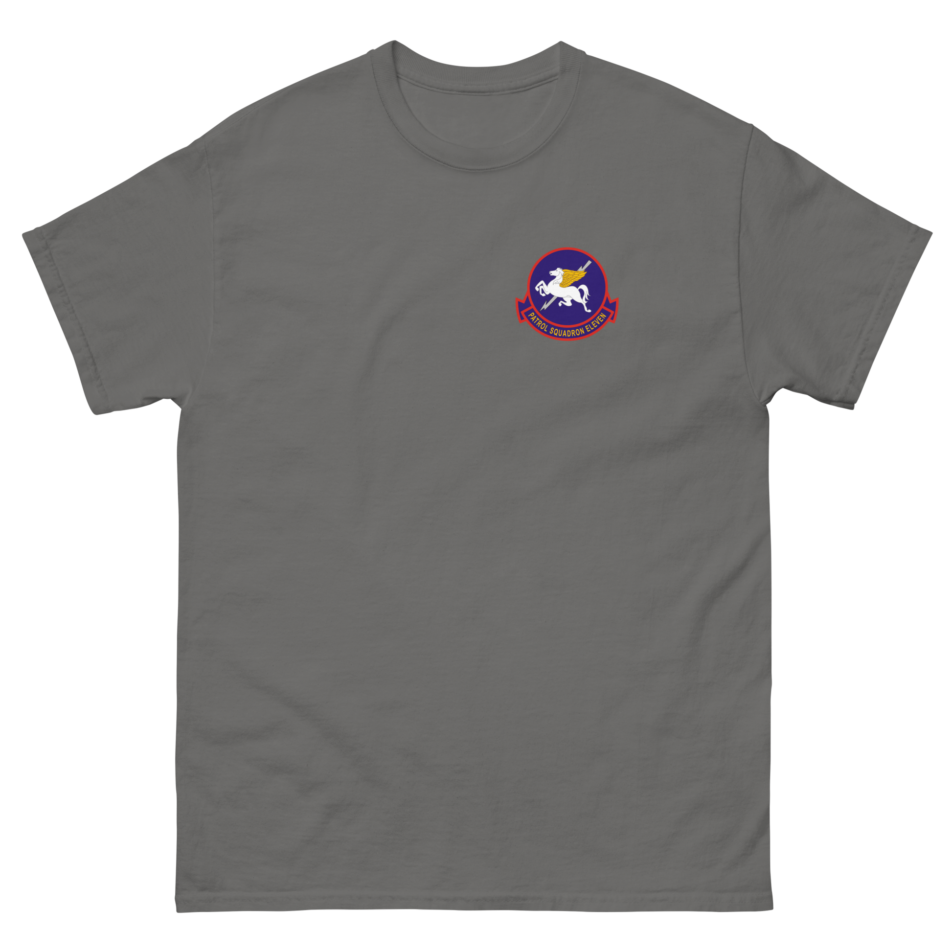 VP-11 Proud Pegasus Squadron Crest T-Shirt – front view, charcoal