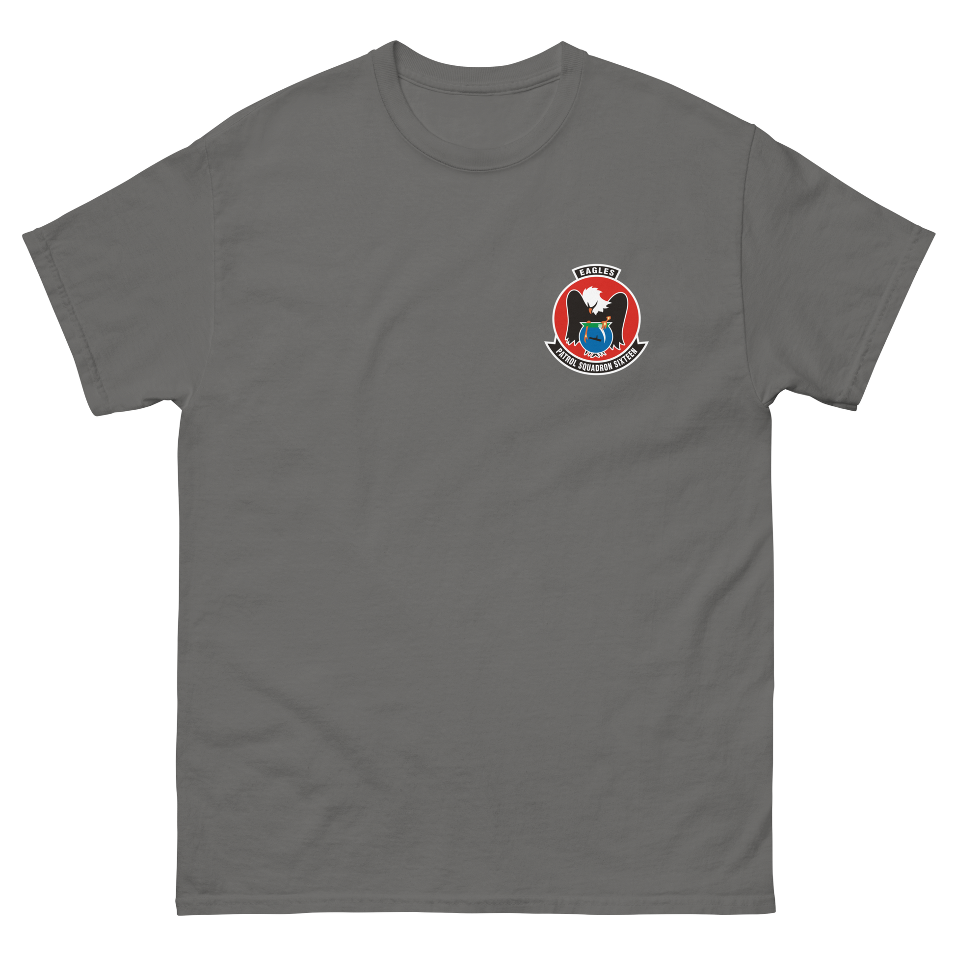 VP-16 Eagles Squadron Crest T-Shirt – front view, charcoal