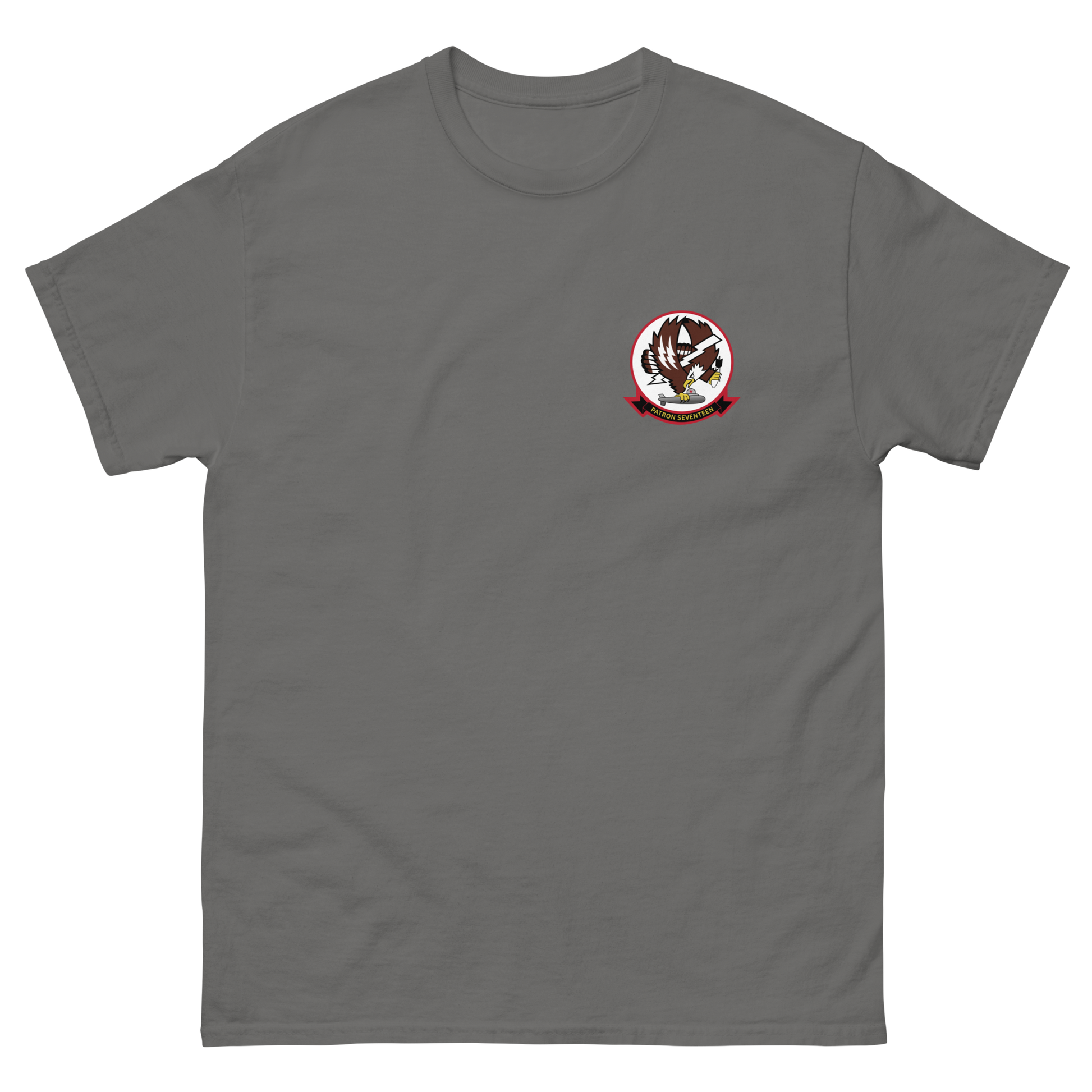 VP-17 White Lightnings Squadron Crest T-Shirt – front view, charcoal