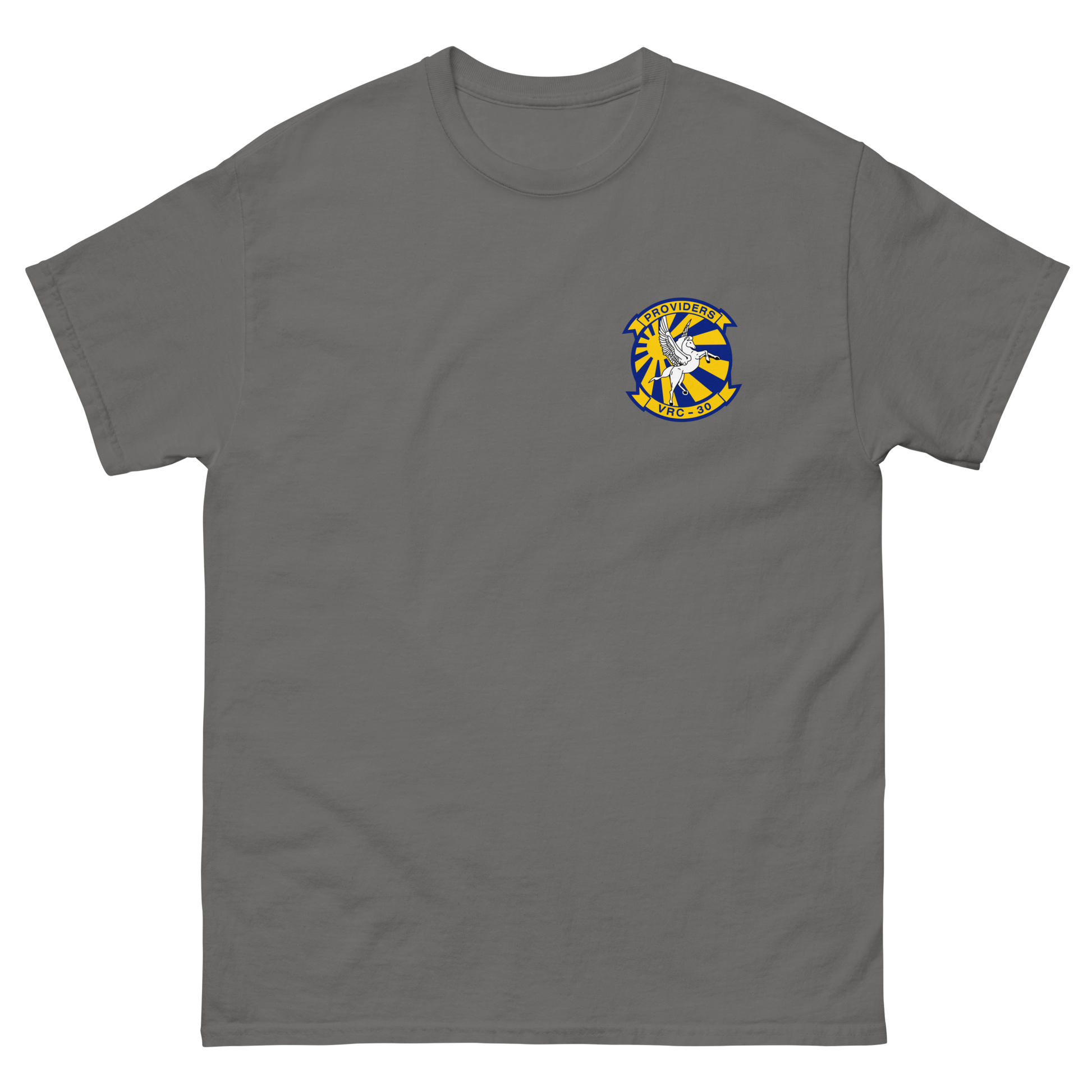 VRC-30 Providers Squadron Crest T-Shirt – front view, charcoal