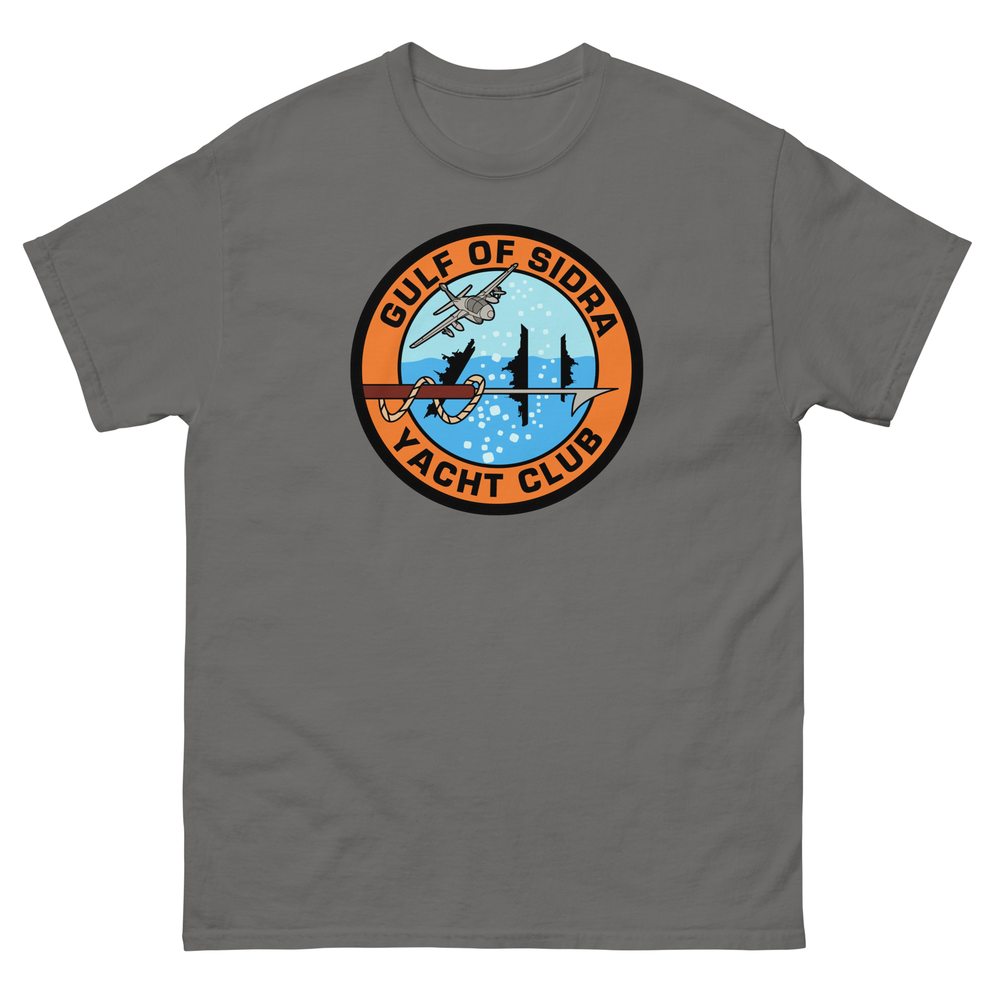 Gulf of Sidra Yacht Club T-Shirt – front view, charcoal