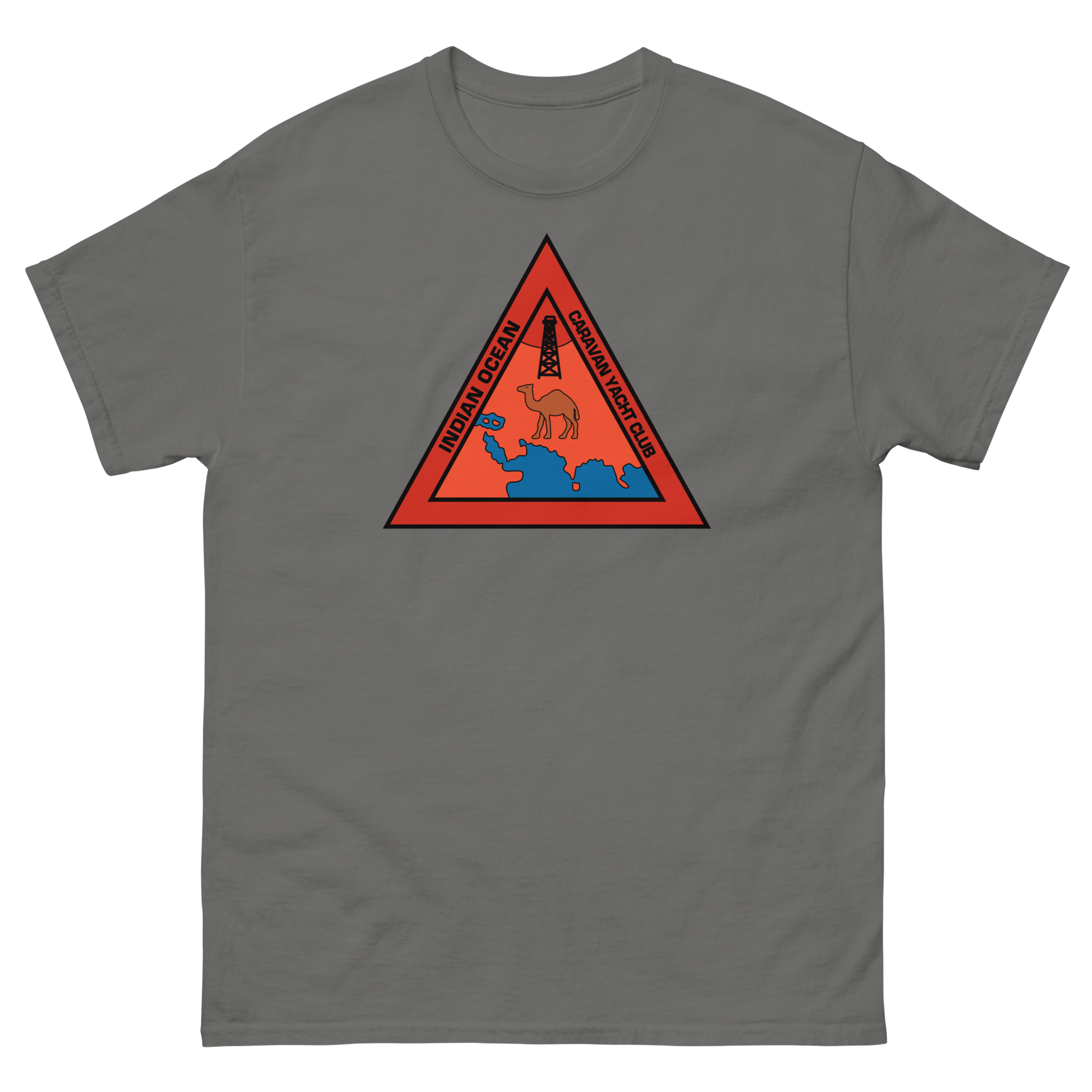 Indian Ocean Caravan Yacht Club T-Shirt – front view, charcoal