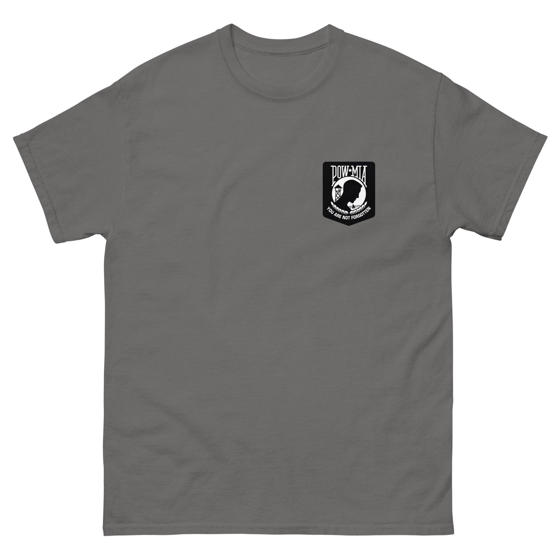 POW-MIA You are not forgotten T-Shirt – front view, charcoal