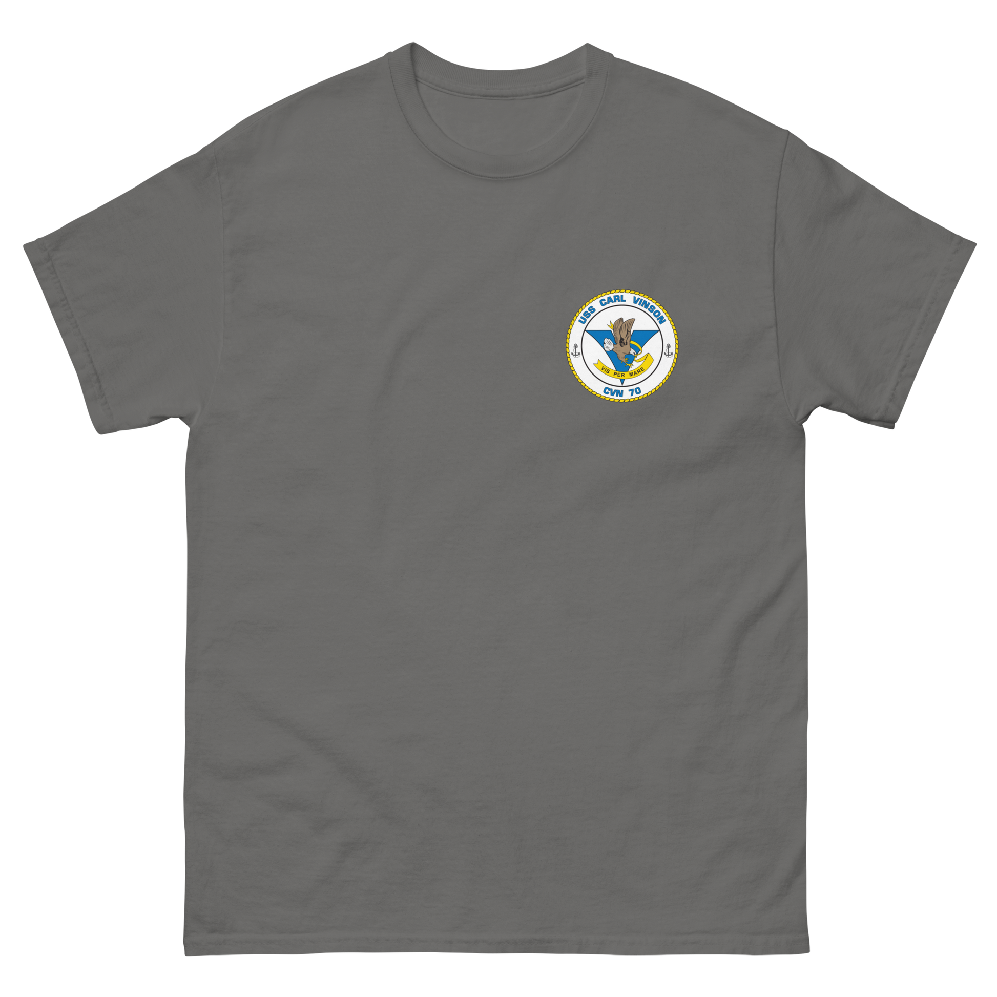 USS Carl Vinson (CVN-70) Ship's Crest Shirt – front view, charcoal