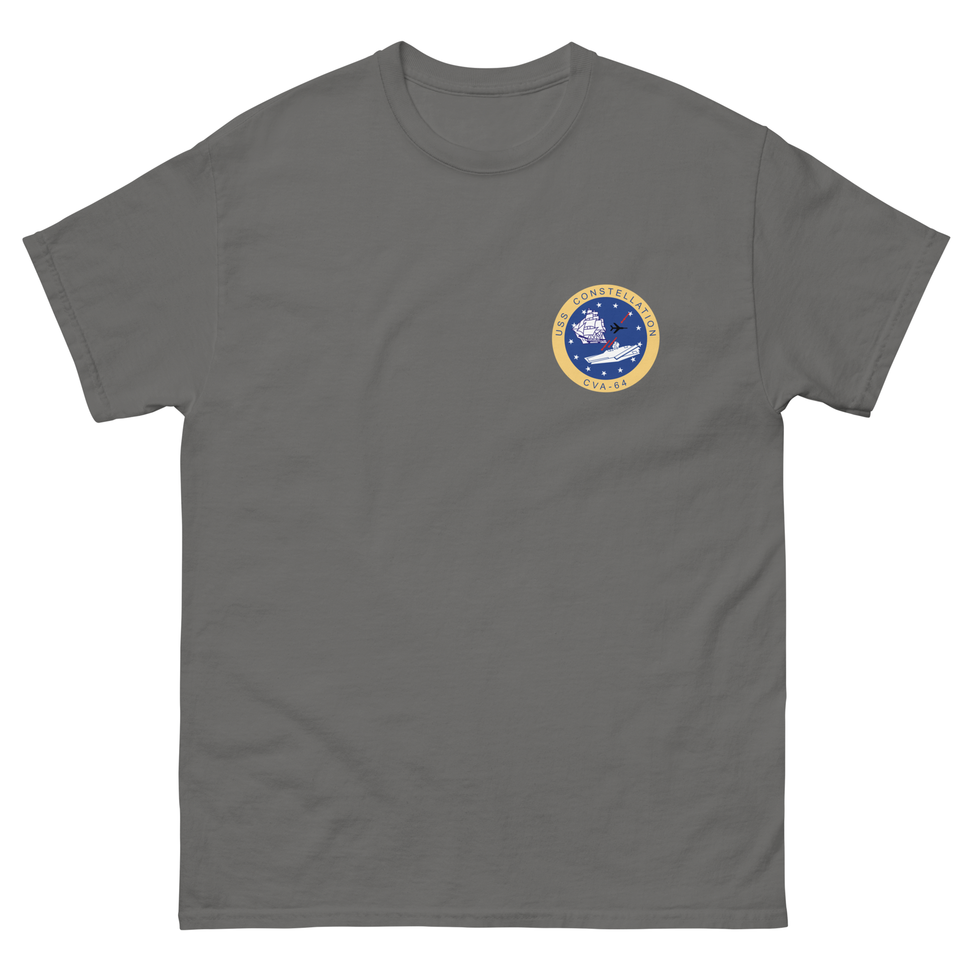 USS Constellation (CVA-64) Ship's Crest Shirt – front view, charcoal