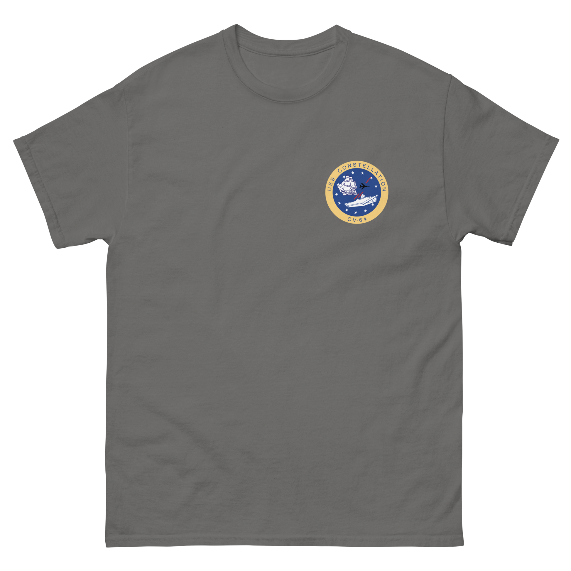 USS Constellation (CV-64) Ship's Crest T-Shirt – front view, charcoal