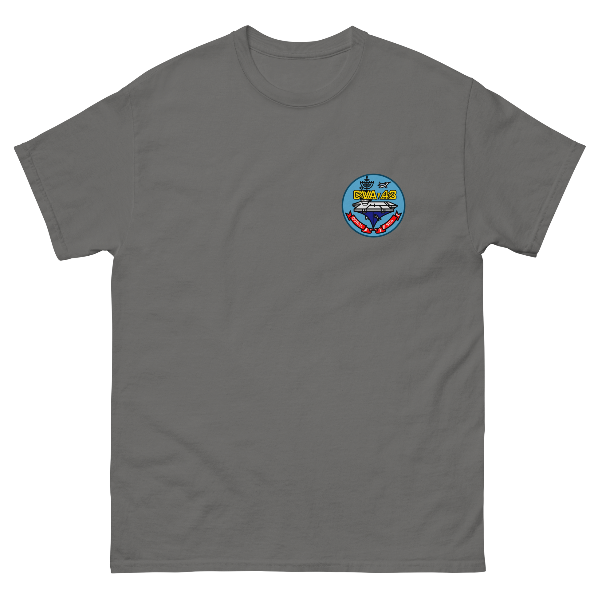 USS Coral Sea (CVA-43) Ship's Crest T-Shirt – front view, charcoal
