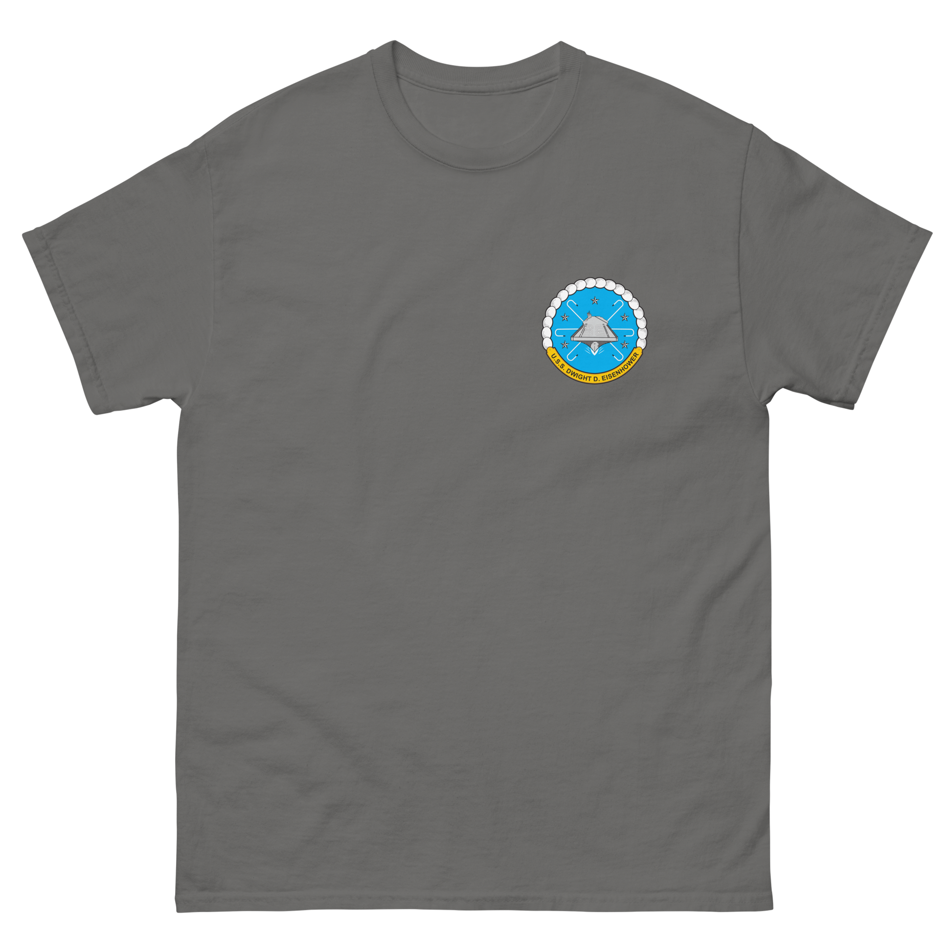 USS Dwight D. Eisenhower (CVN-69) Ship's Crest T-Shirt – front view, charcoal