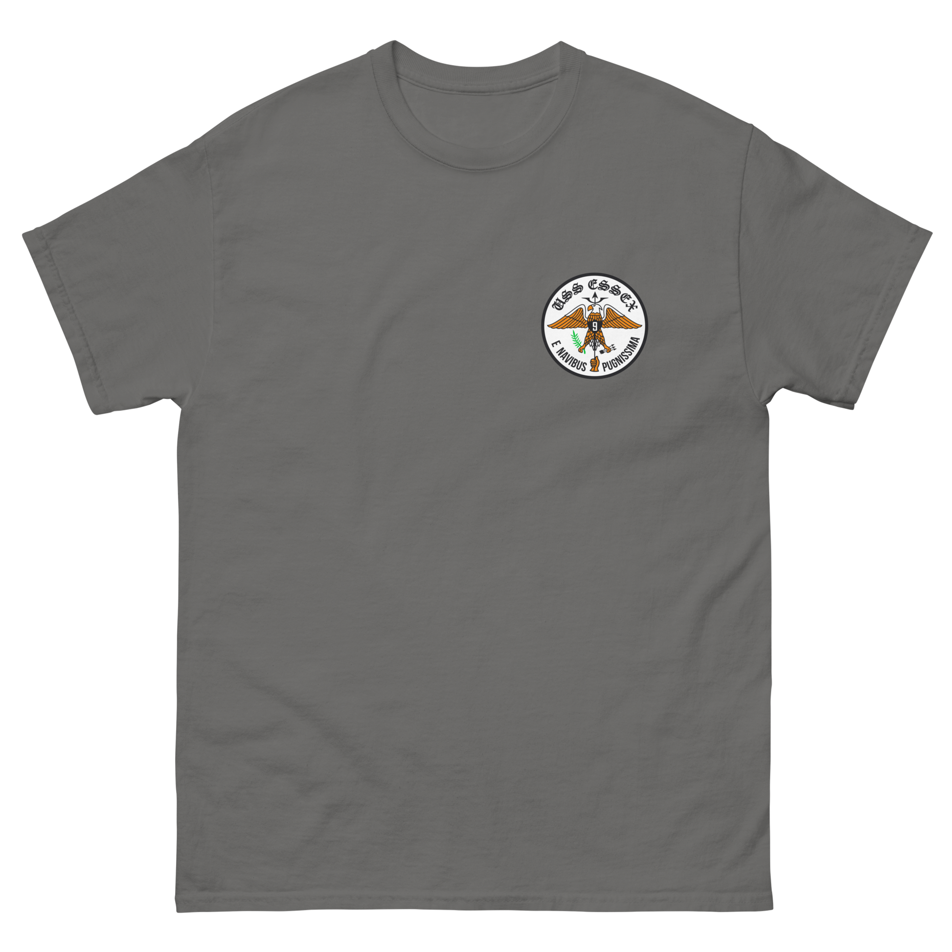 USS Essex (CVS-9) Ship's Crest T-Shirt – front view, charcoal