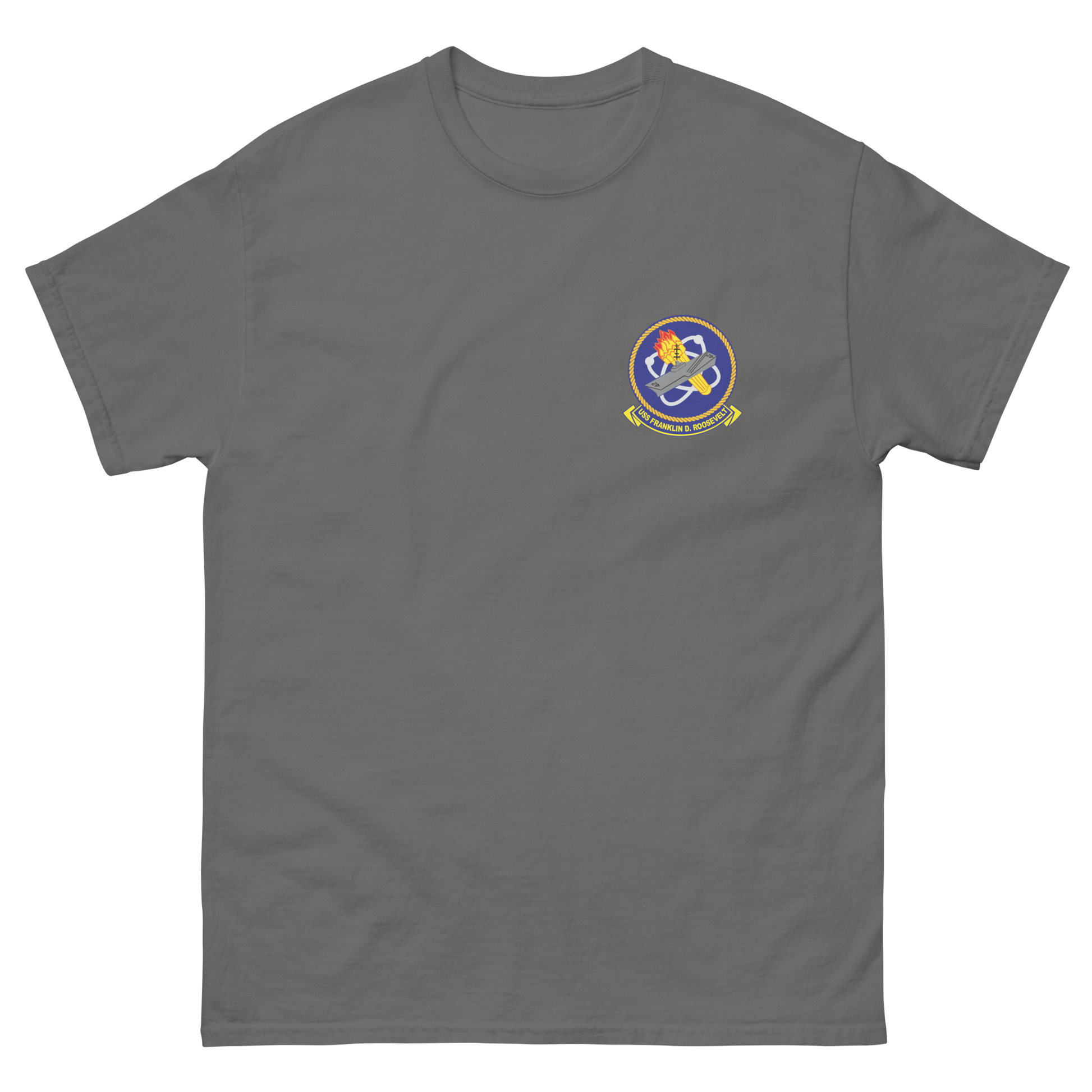 USS Franklin D. Roosevelt (CVB/CVA/CV-42) Ship's Crest T-Shirt – front view, charcoal