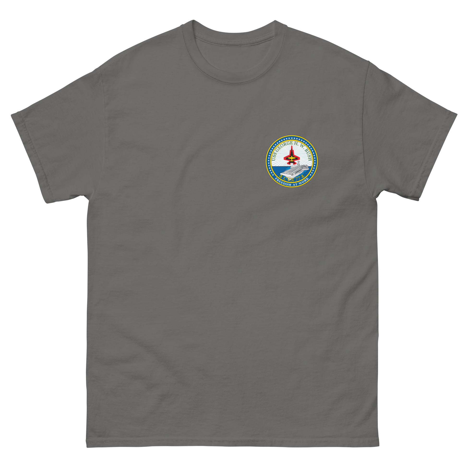 USS George H.W. Bush (CVN-77) Ship's Crest T-Shirt – front view, charcoal