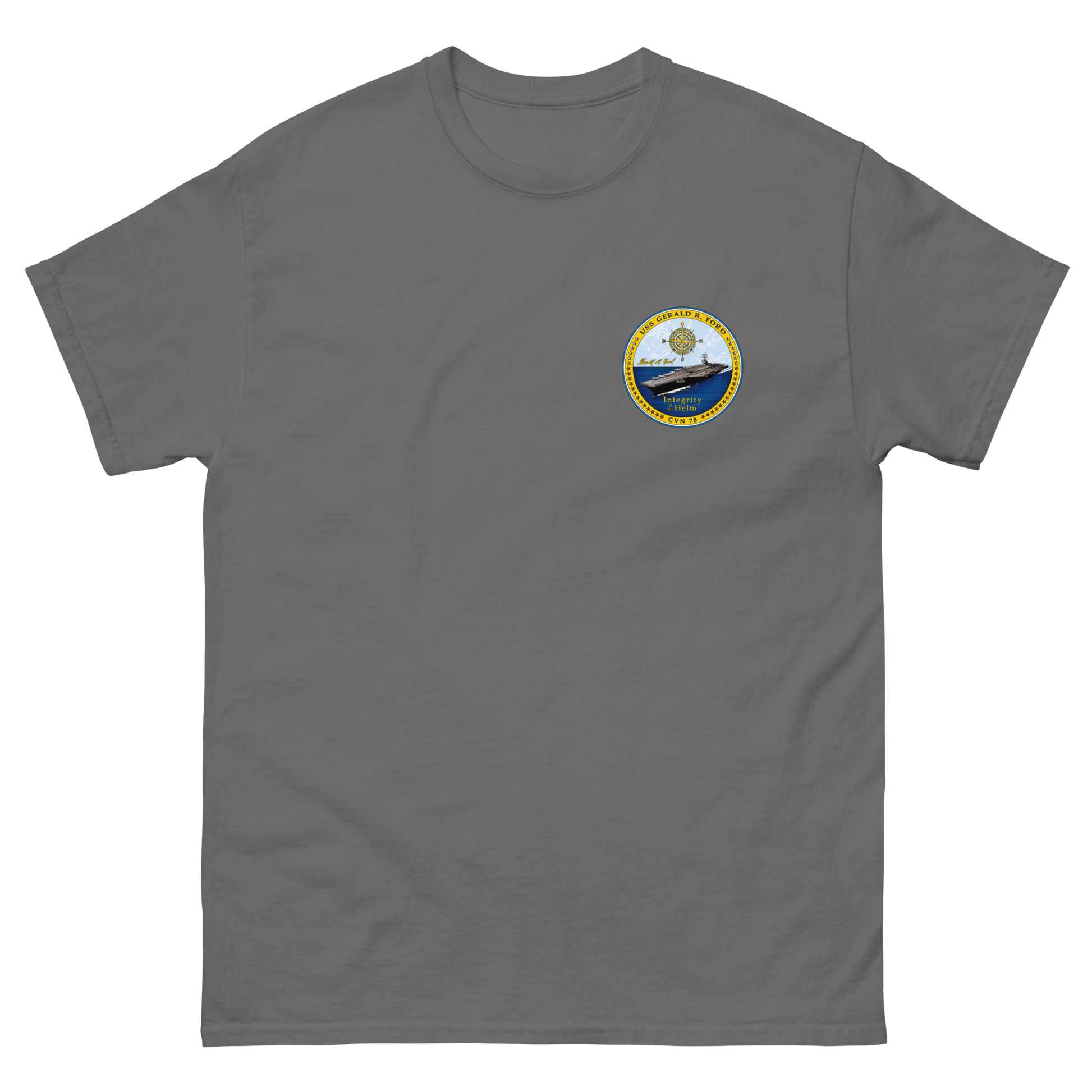 USS Gerald R. Ford (CVN-78) Ship's Crest T-Shirt – front view, charcoal