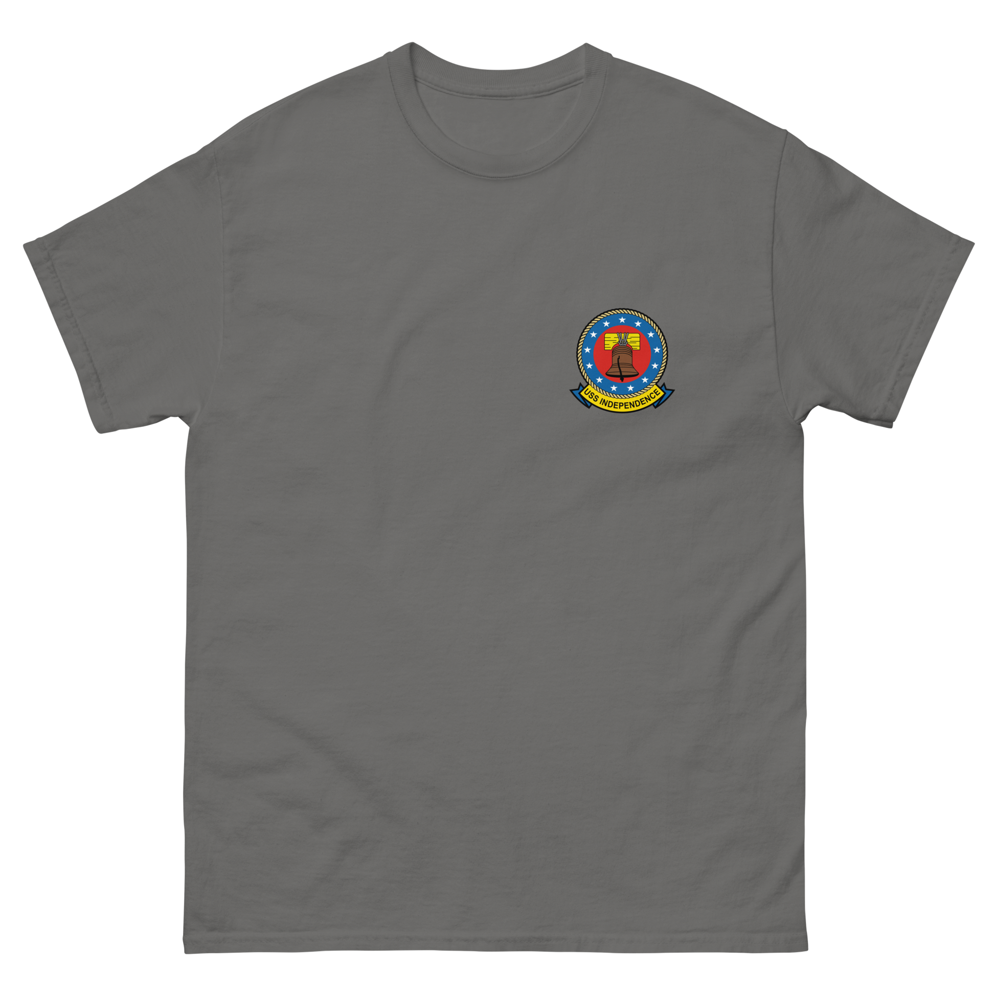 USS Independence (CVA/CV-62) Ship's Crest T-Shirt – front view, charcoal