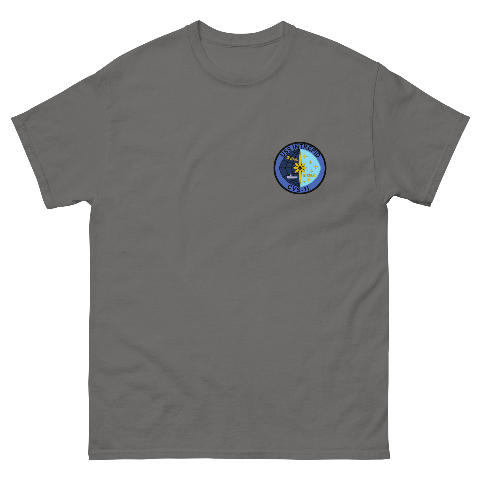 USS Intrepid (CVS-11) Ship's Crest T-Shirt – front view, charcoal