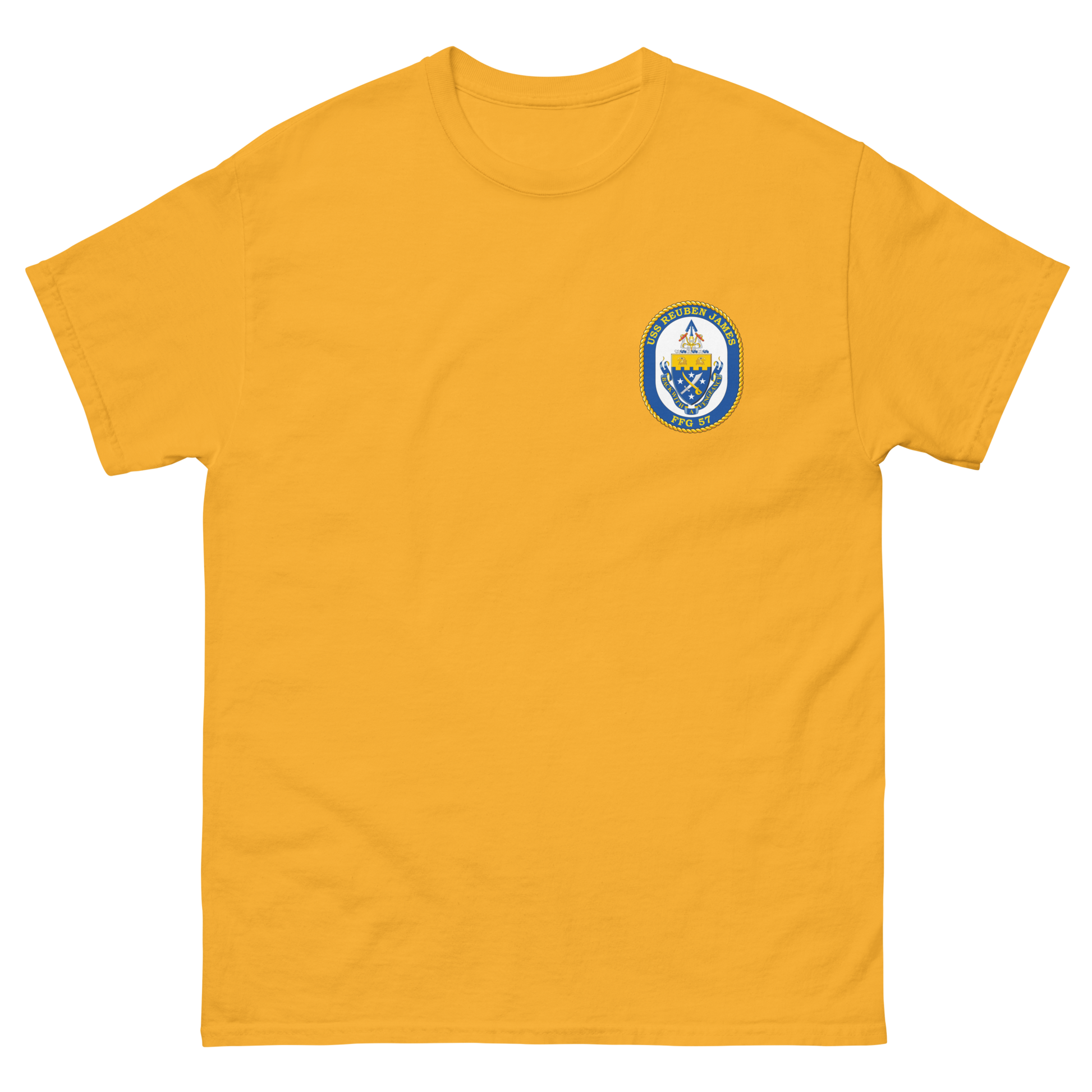 USS Reuben James (FFG-57) Ship's Crest Shirt – front view, gold