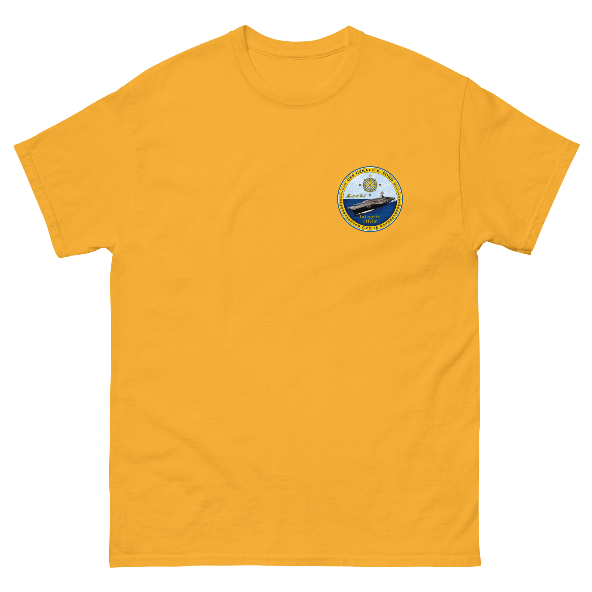 USS Gerald R. Ford (CVN-78) Ship's Crest T-Shirt – front view, gold
