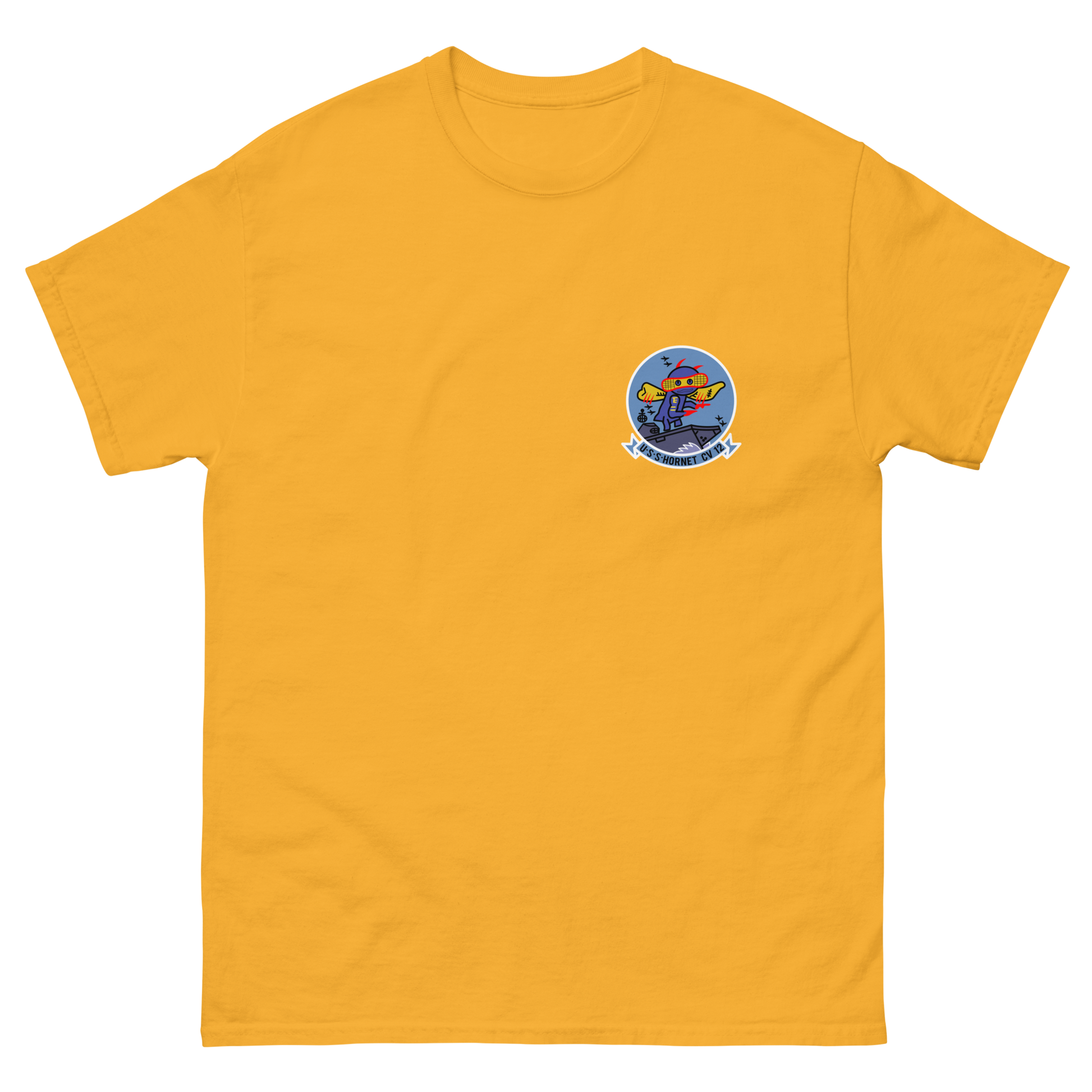USS Hornet (CV-12) Ship's Crest T-Shirt – front view, gold