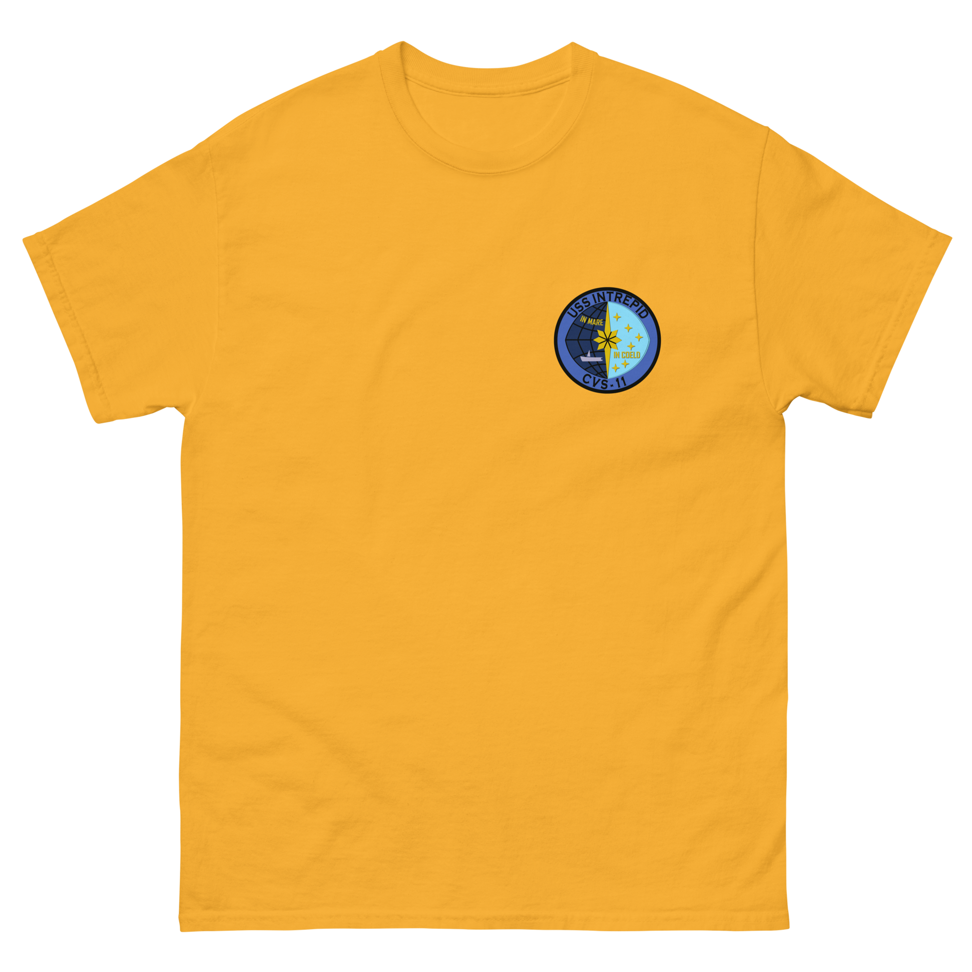 USS Intrepid (CVS-11) Ship's Crest T-Shirt – front view, gold