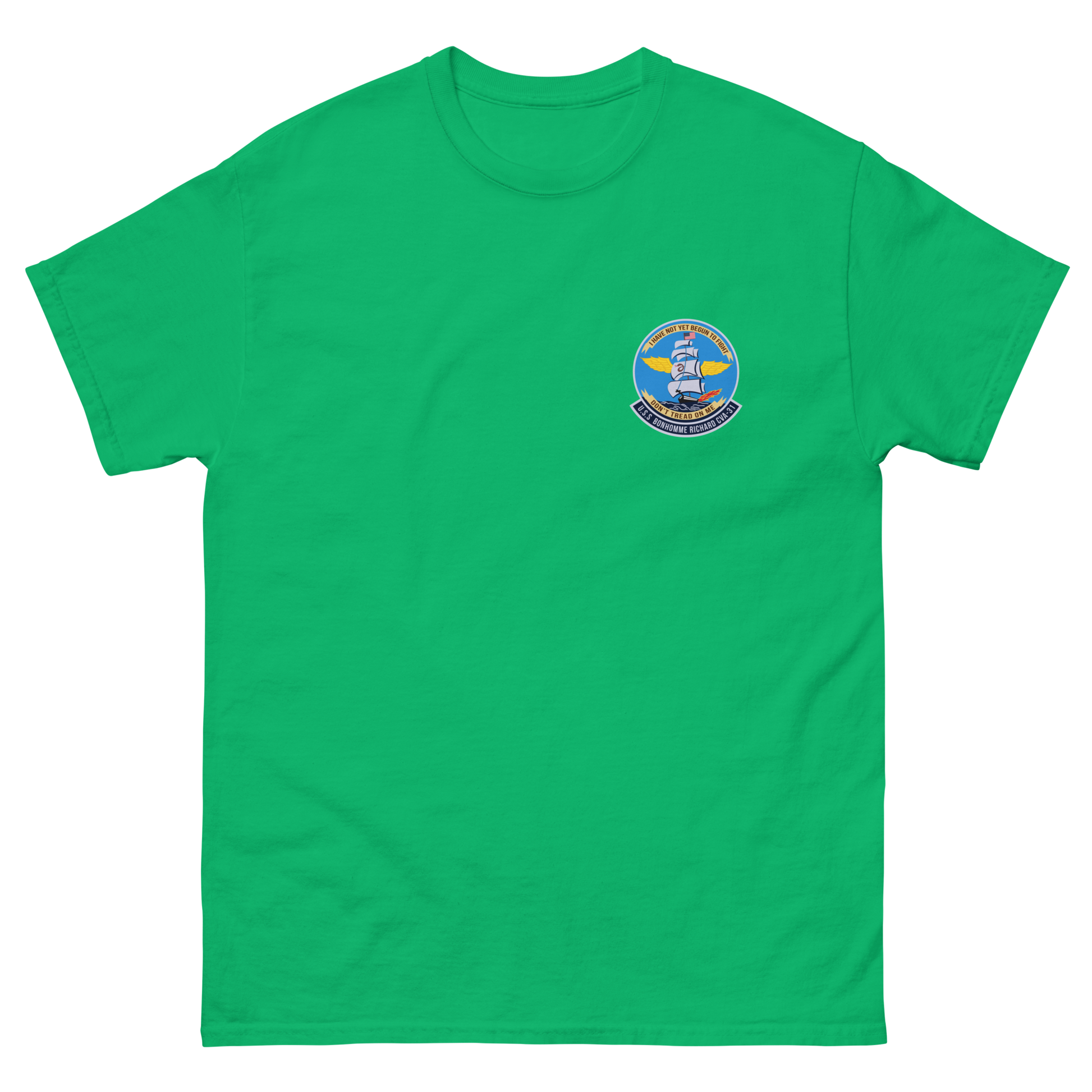 USS Bonhomme Richard (CVA-31) Ship's Crest T-Shirt – front view, irish green