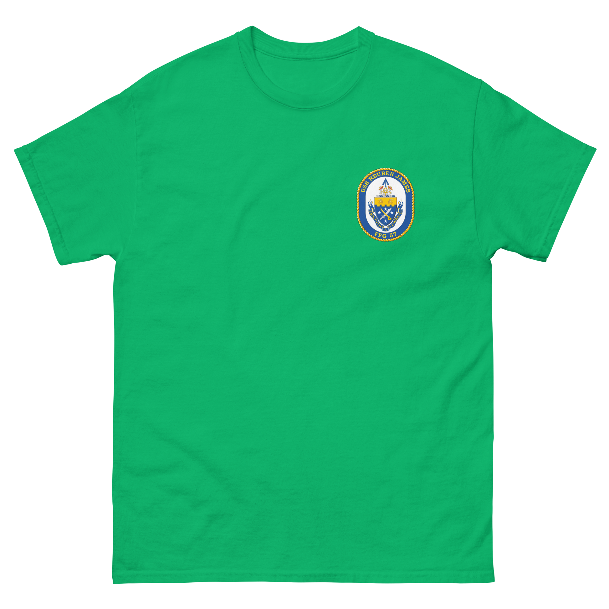 USS Reuben James (FFG-57) Ship's Crest Shirt – front view, irish green
