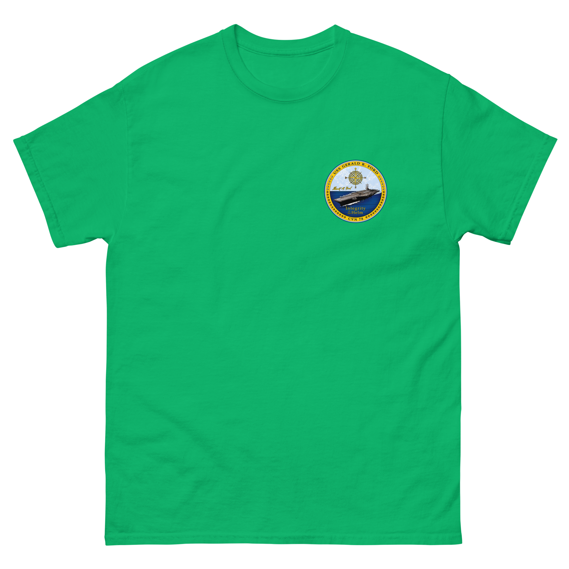 USS Gerald R. Ford (CVN-78) Ship's Crest T-Shirt – front view, irish green