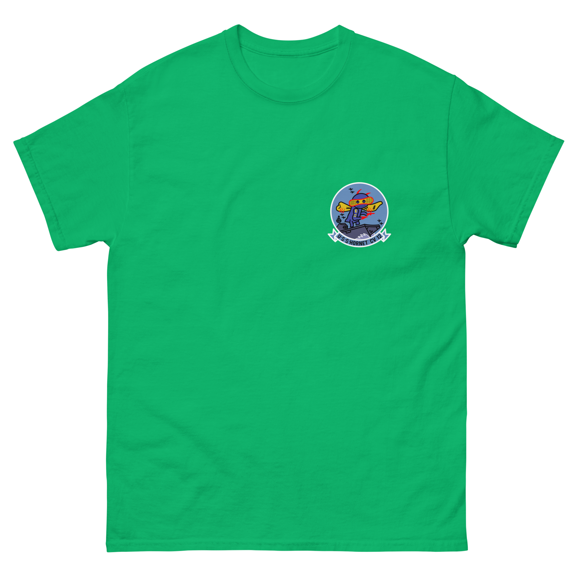 USS Hornet (CV-12) Ship's Crest T-Shirt – front view, irish green