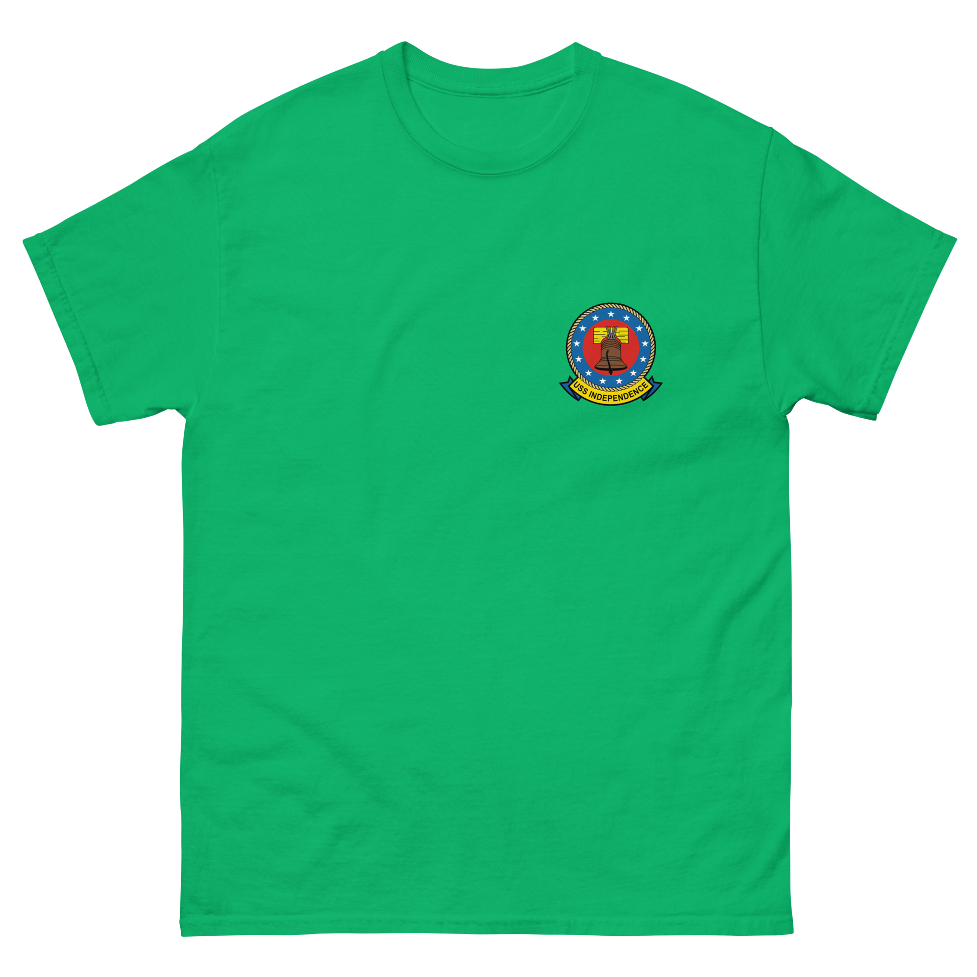 USS Independence (CVA/CV-62) Ship's Crest T-Shirt – front view, irish green