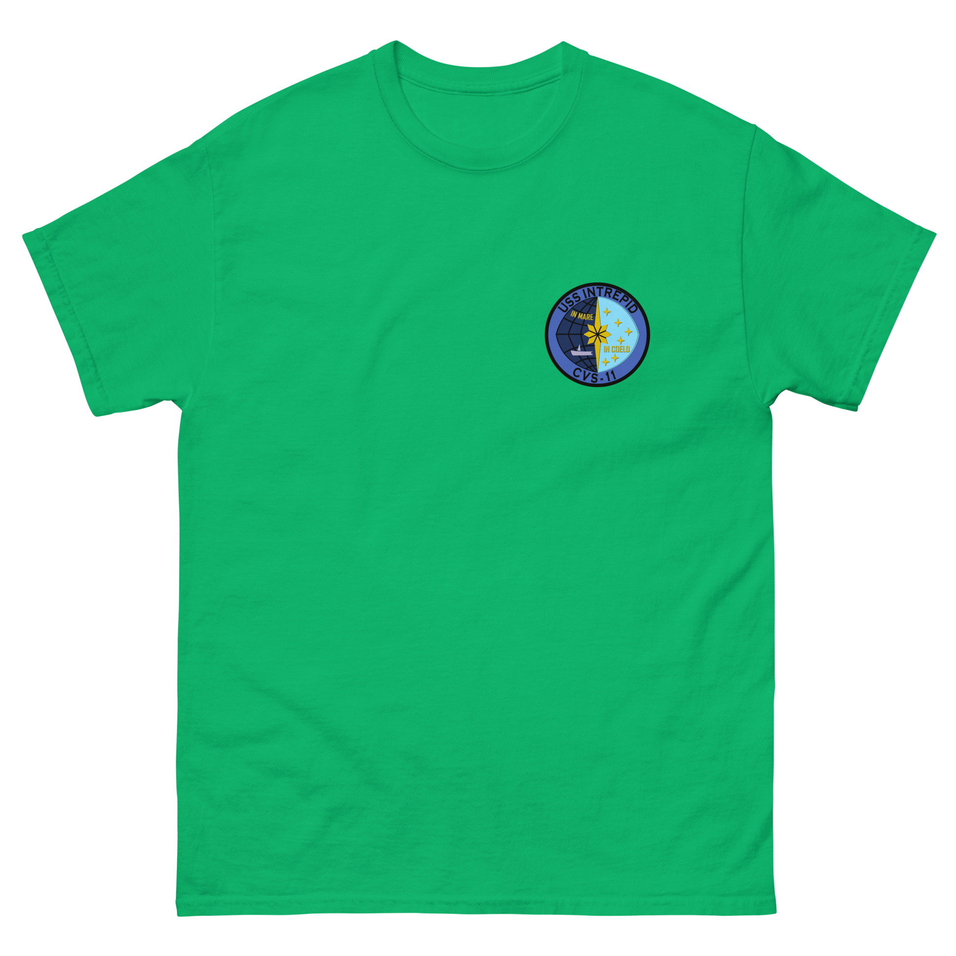 USS Intrepid (CVS-11) Ship's Crest T-Shirt – front view, irish green