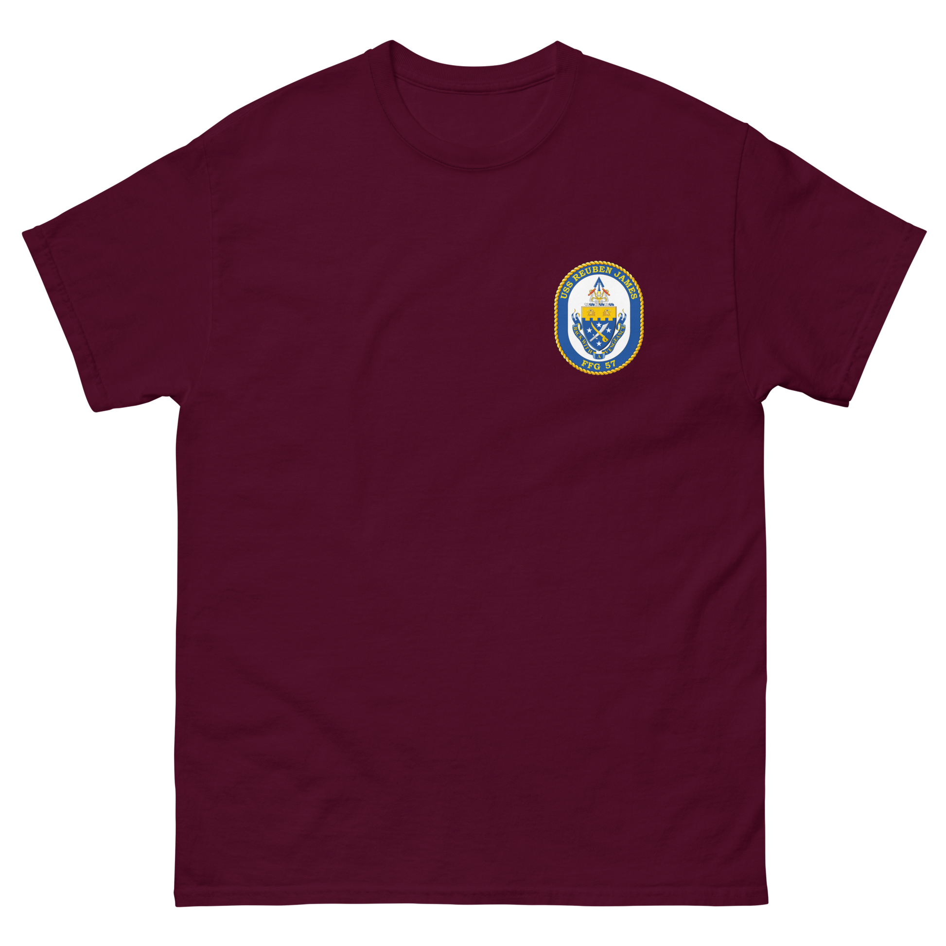 USS Reuben James (FFG-57) Ship's Crest Shirt – front view, maroon