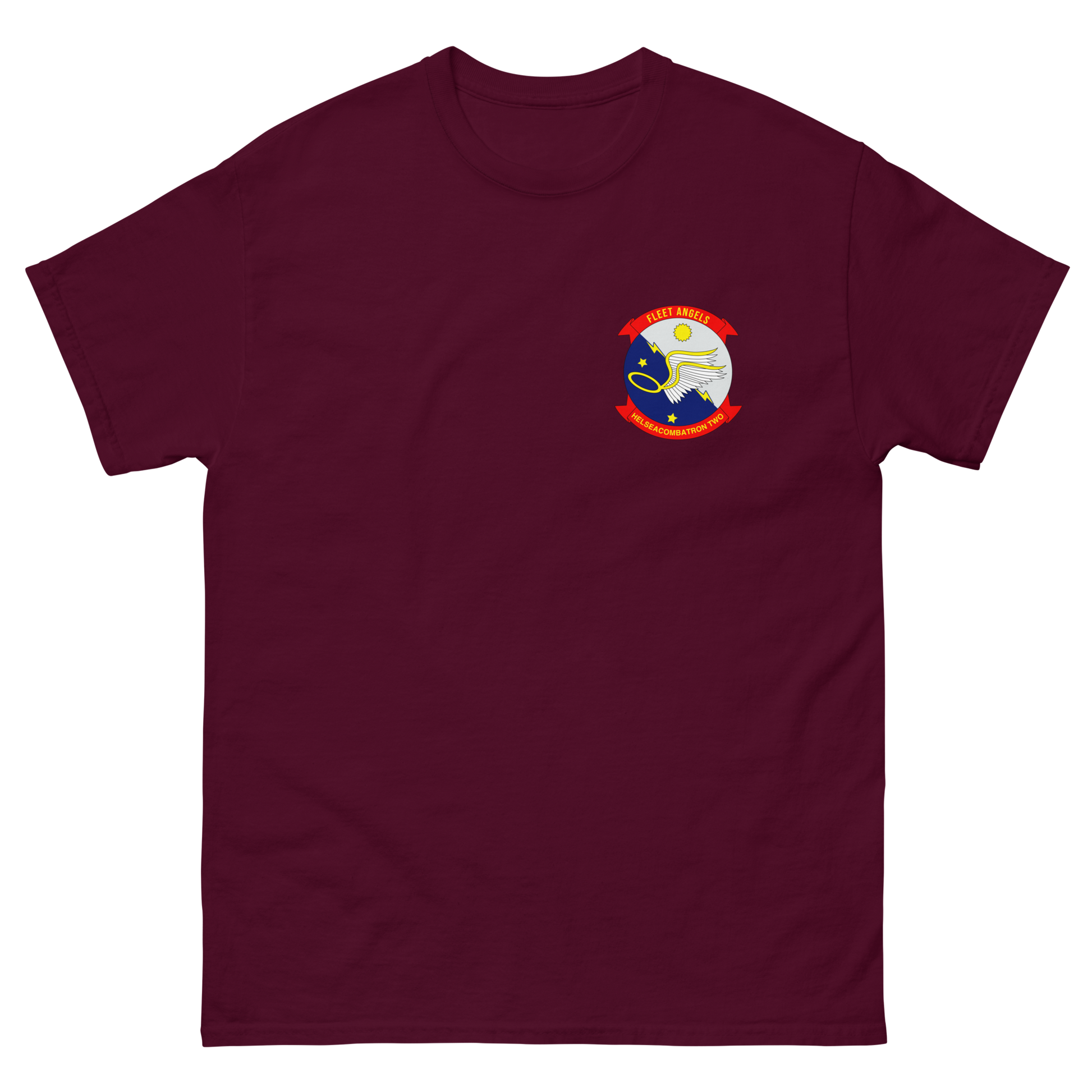 HSC-2 Fleet Angels Squadron Crest T-Shirt – front view, maroon