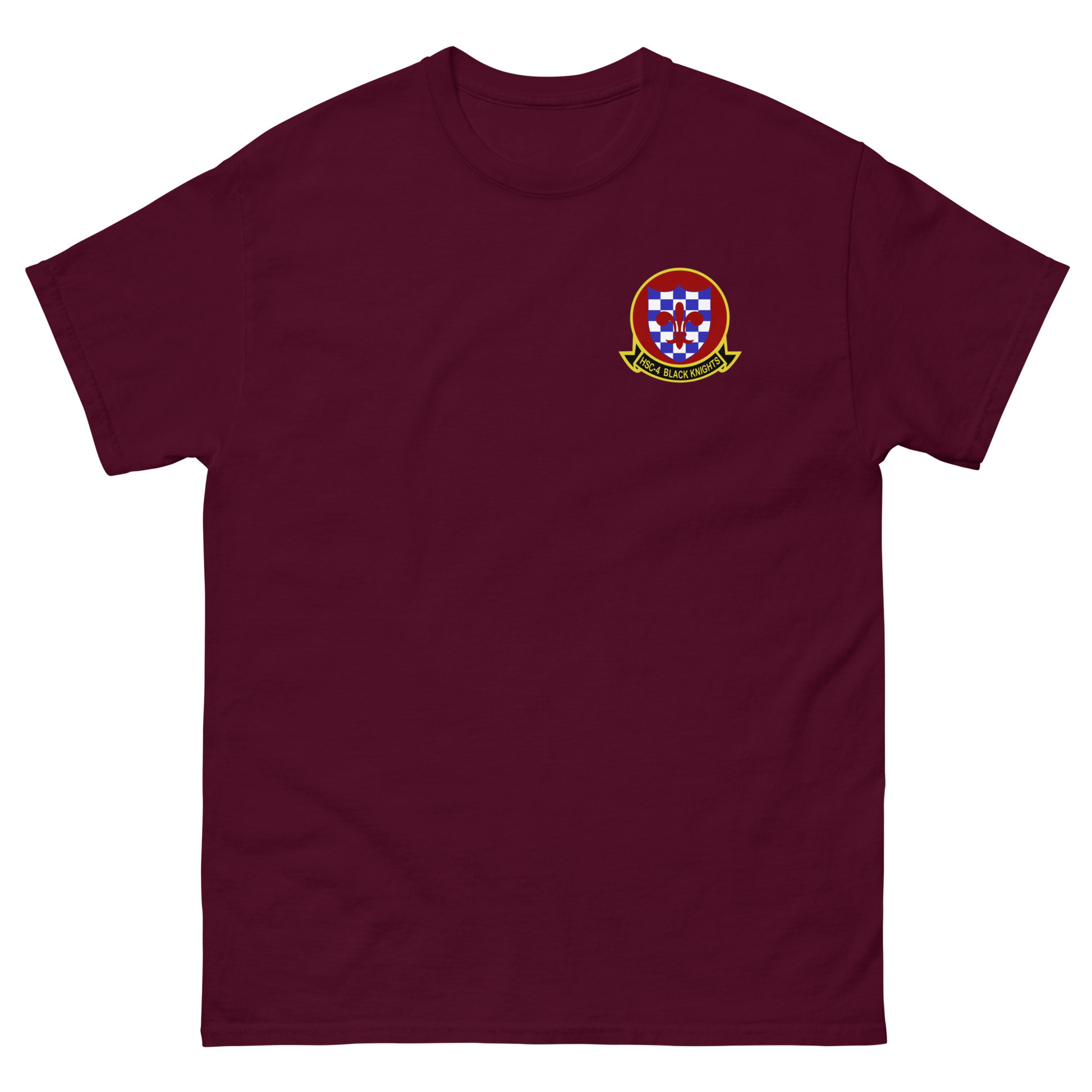 HSC-4 Black Knights Squadron Crest Shirt – front view, maroon