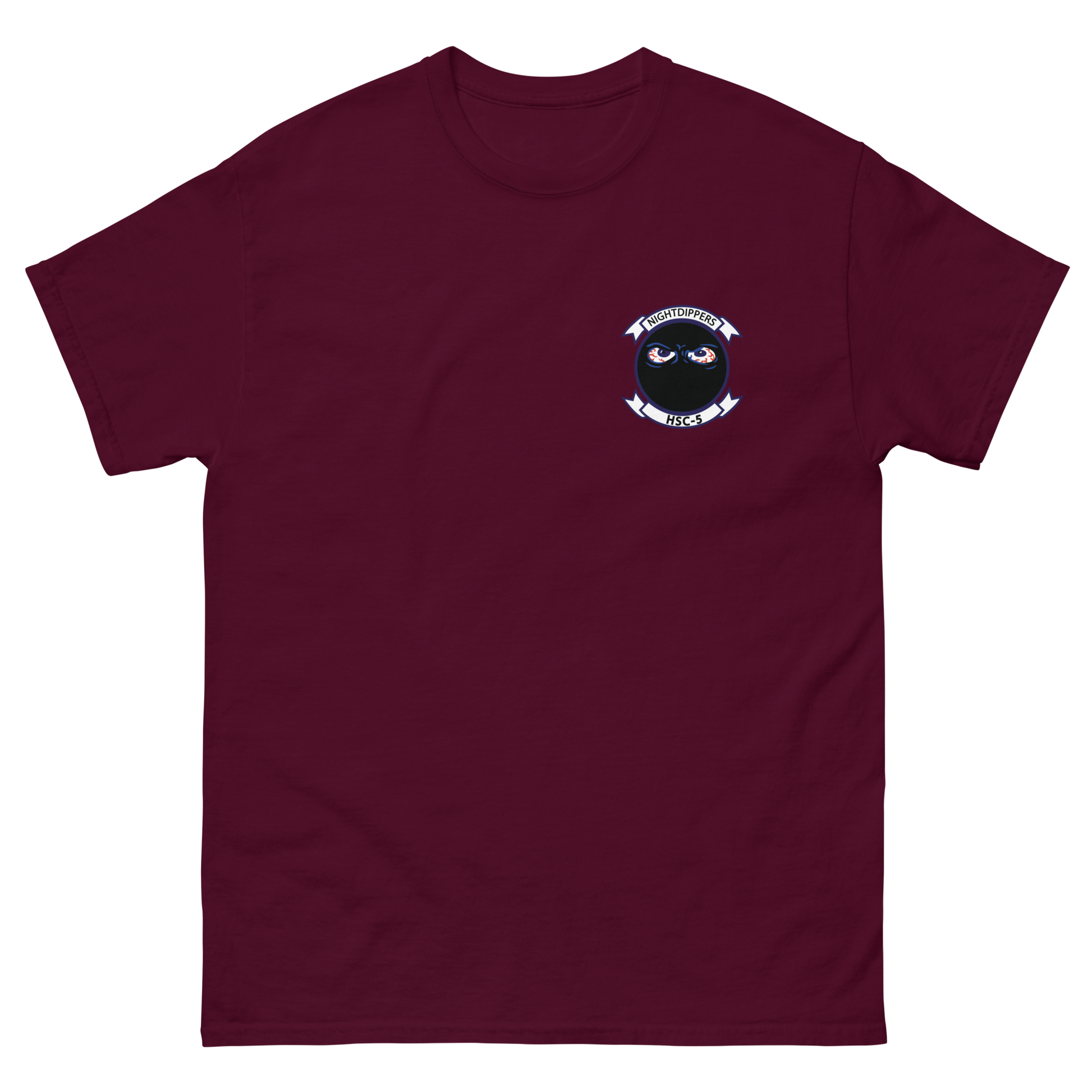 HSC-5 Nightdippers Squadron Crest Shirt – front view, maroon