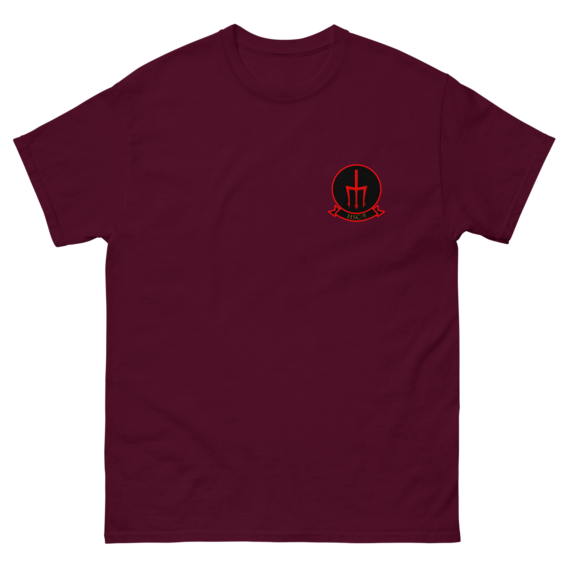 HSC-9 Tridents Squadron Crest T-Shirt – front view, maroon