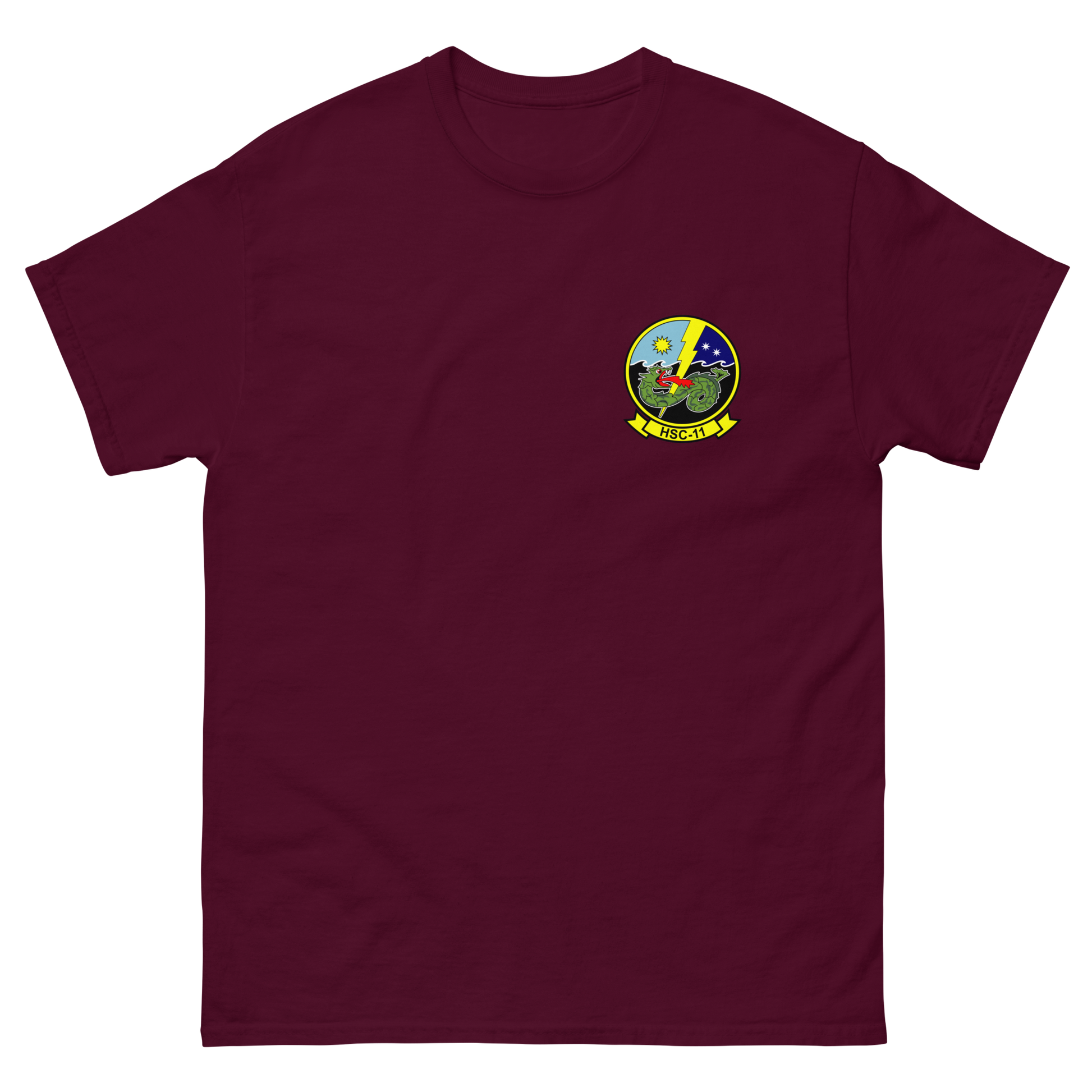 HSC-11 Dragonslayers Squadron Crest T-Shirt – front view, maroon