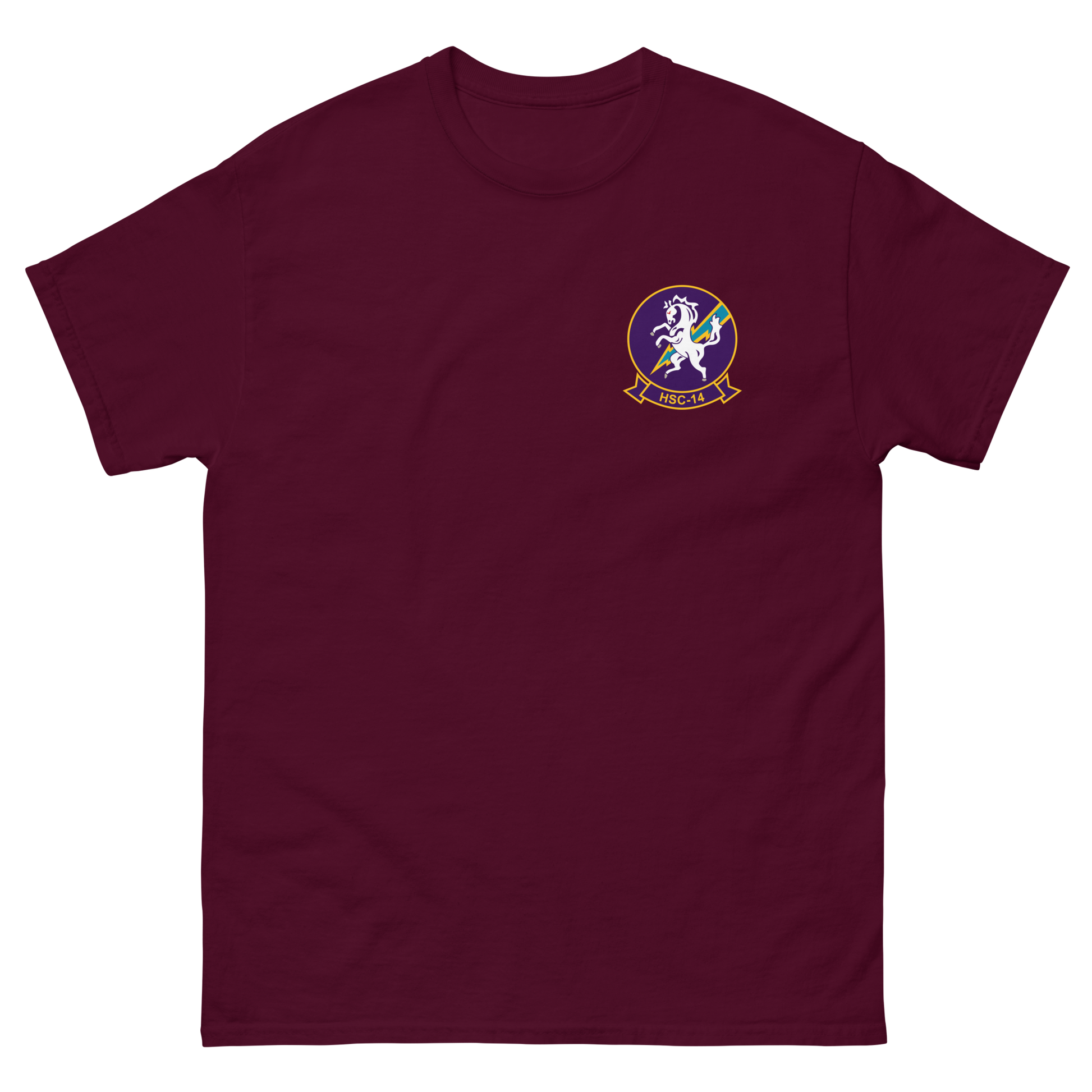 HSC-14 Chargers Squadron Crest T-Shirt – front view, maroon