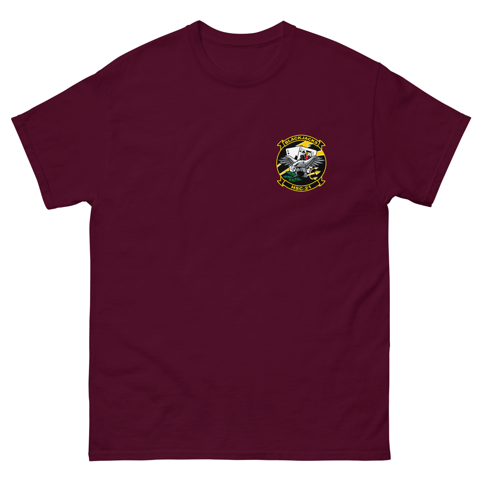 HSC-21 Blackjacks Squadron Crest T-Shirt – front view, maroon