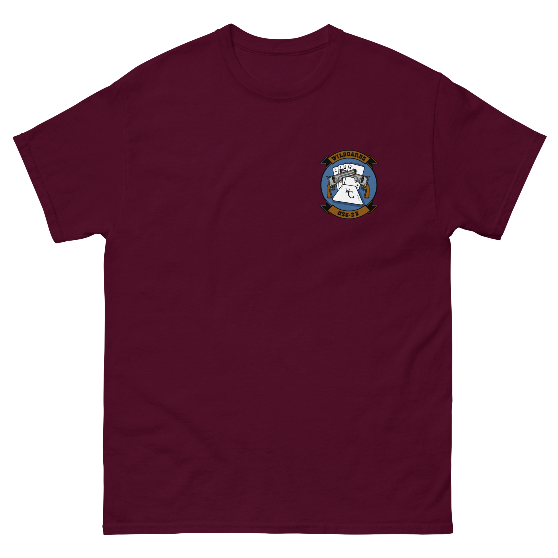 HSC-23 Wildcards Squadron Crest T-Shirt – front view, maroon