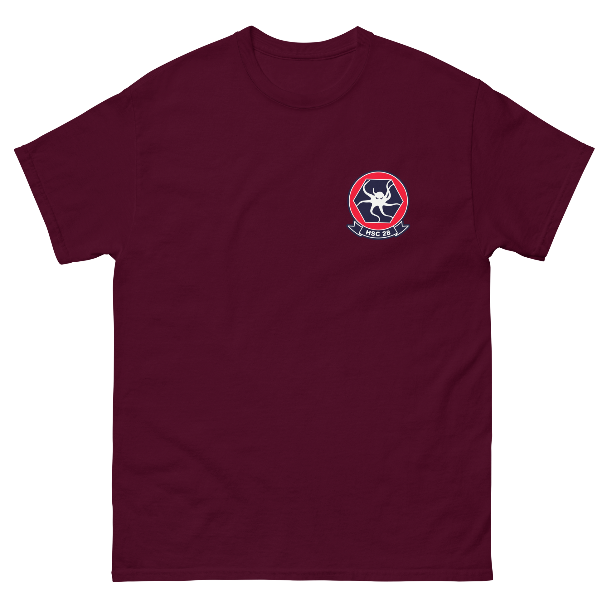 HSC-28 Dragon Whales Squadron Crest T-Shirt – front view, maroon