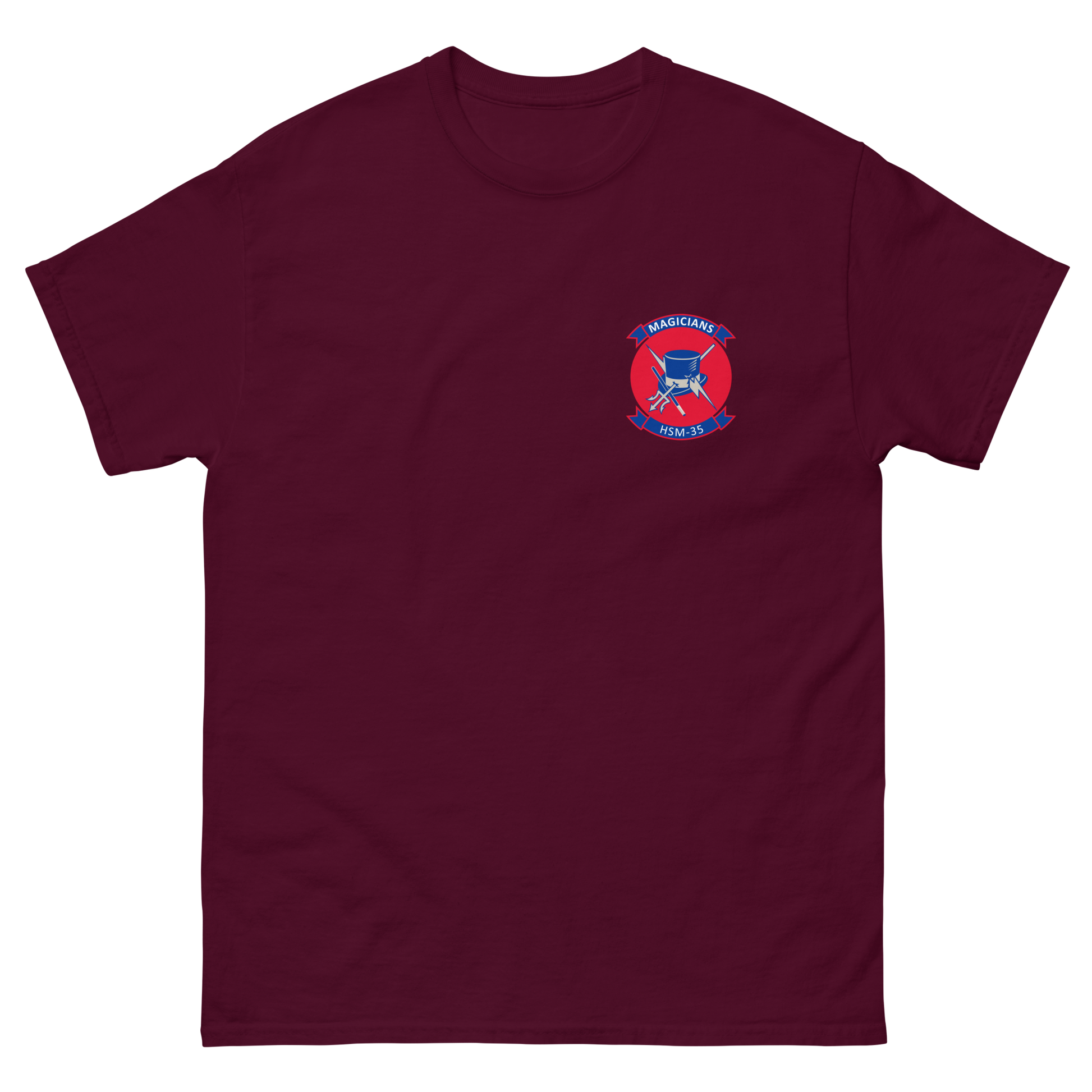 HSM-35 Magicians Squadron Crest T-Shirt – front view, maroon