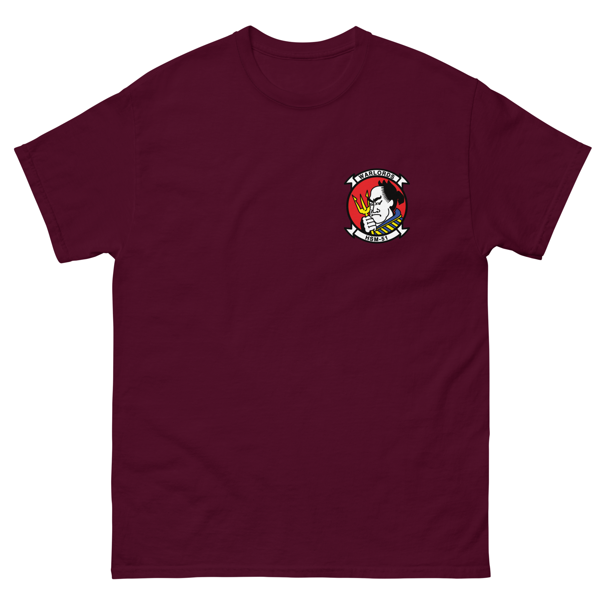 HSM-51 Warlords Squadron Crest T-Shirt – front view, maroon