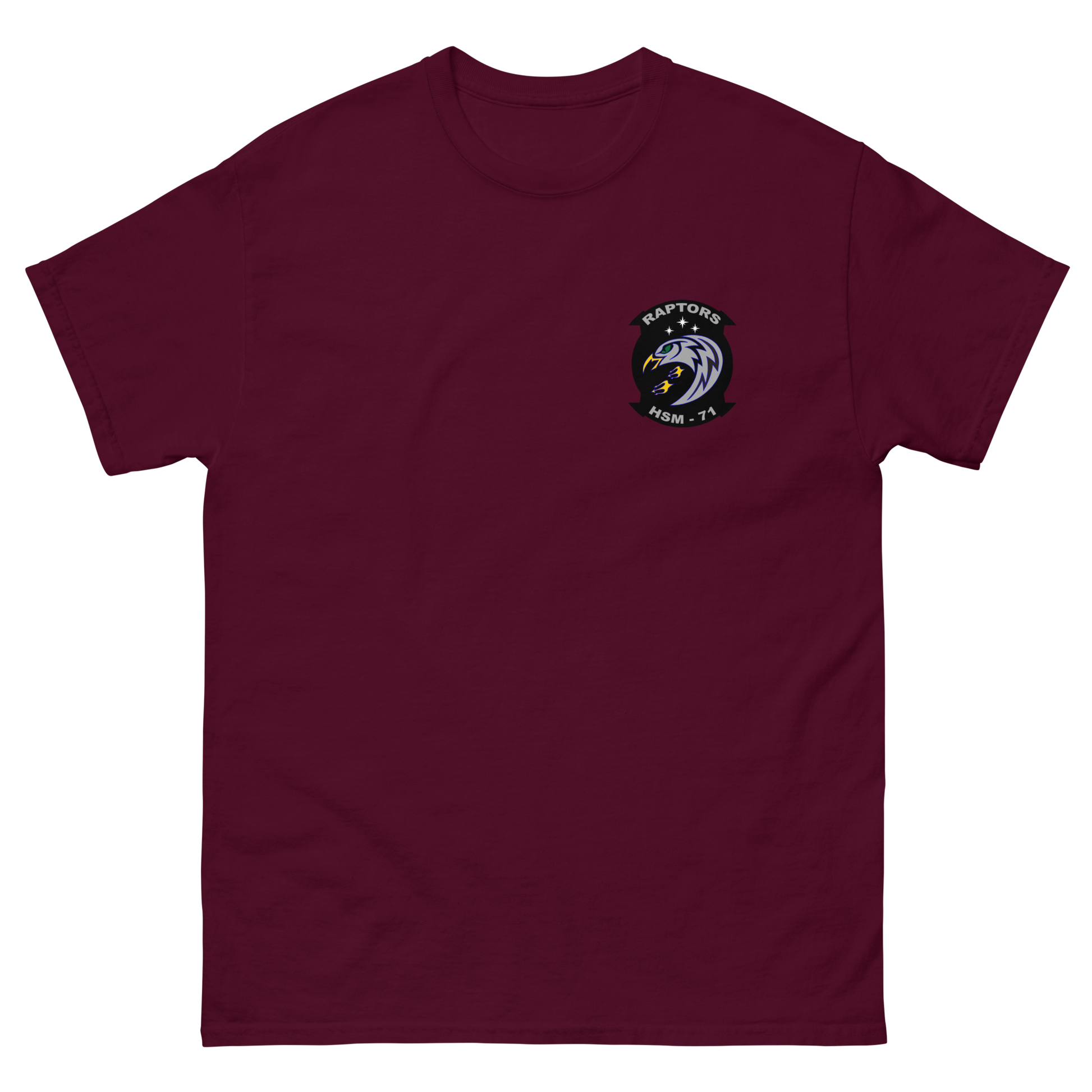 HSM-71 Raptors Squadron Crest Shirt – front view, maroon