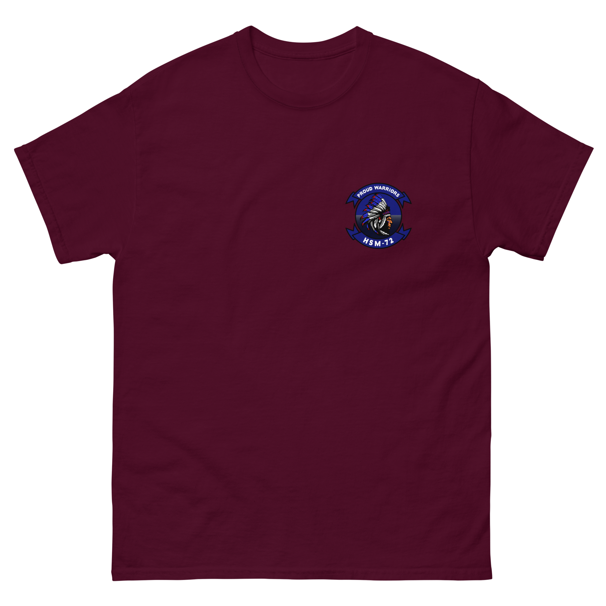 HSM-72 Proud Warriors Squadron Crest Shirt – front view, maroon