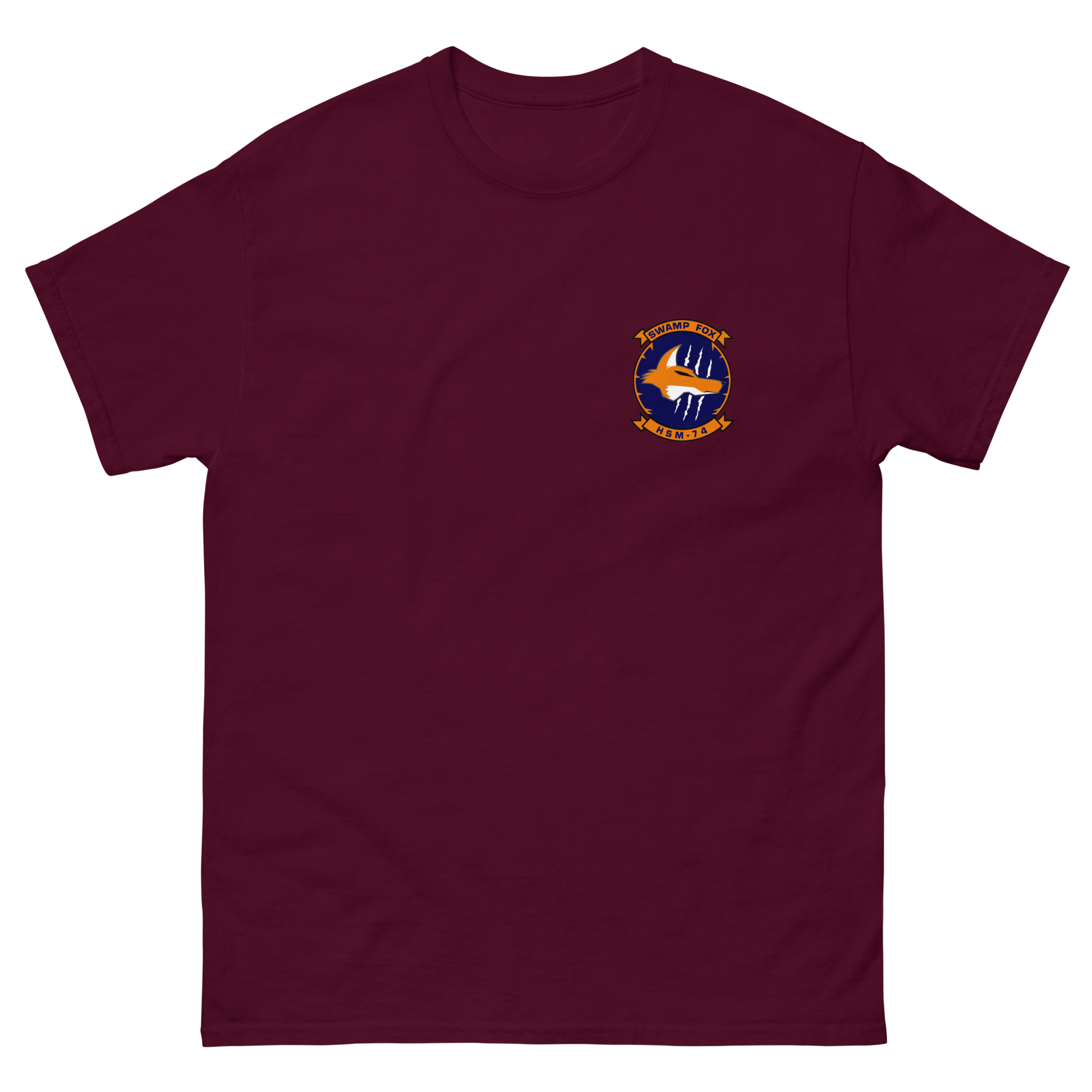 HSM-74 Swamp Foxes Squadron Crest Shirt – front view, maroon